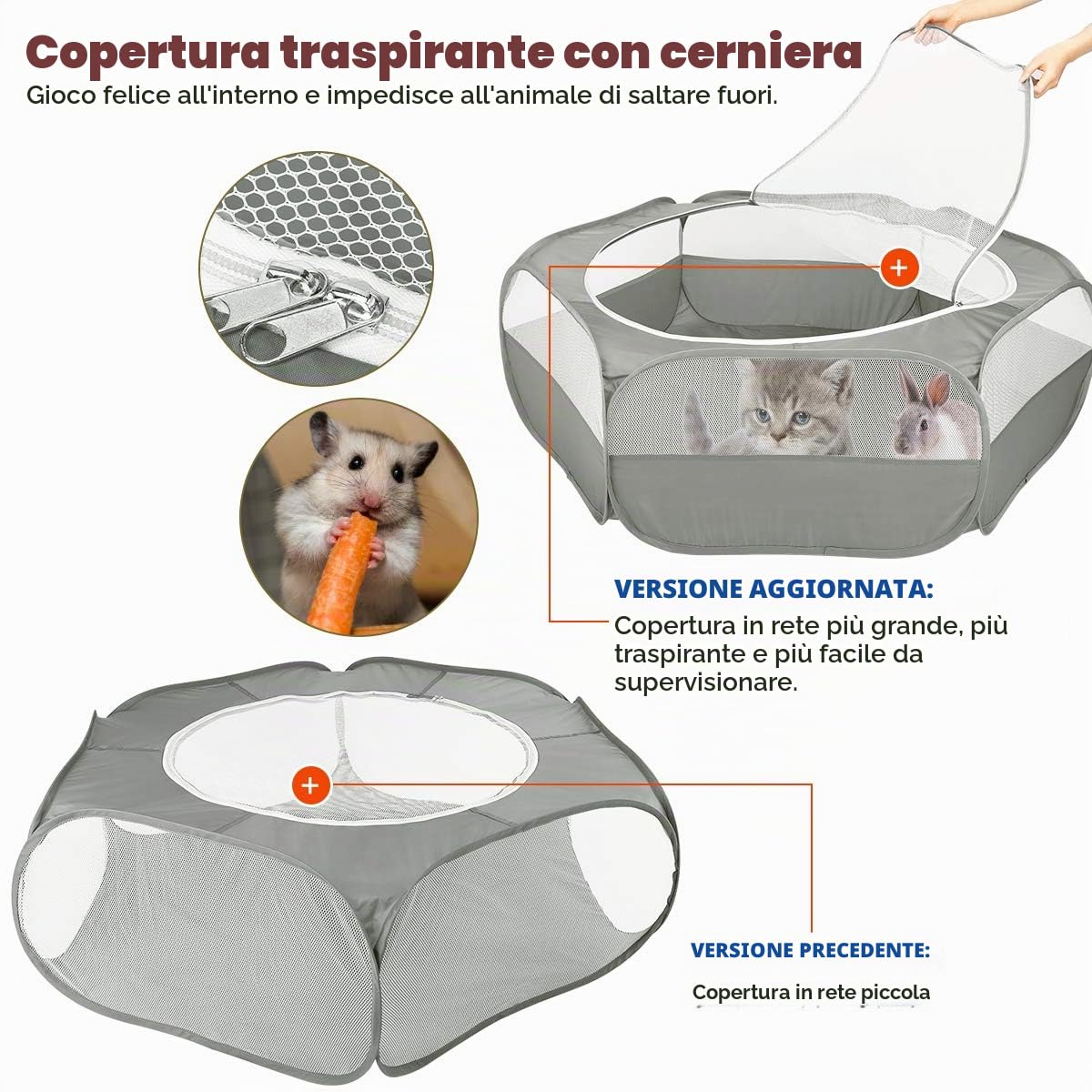 VavoPaw Recinzione per Piccoli Animali Domestici, Recinto Portatile Pieghevole Recinto Impermeabile con Cerniera per Interni o Esterni, per Gatti Conigli Furetti Criceto Scoiattolo, Grigio