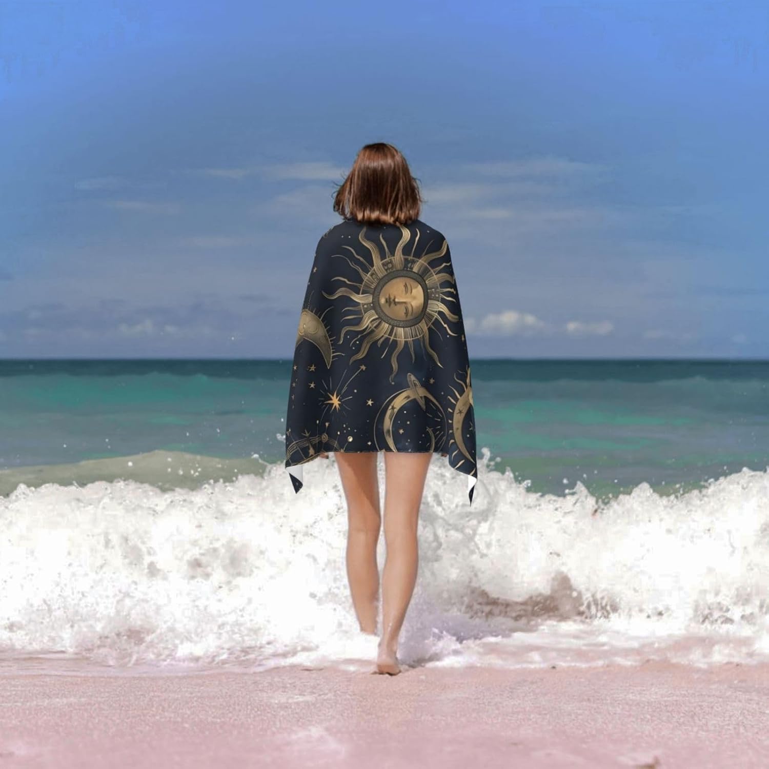 Celestial Sun and Moon Beach Towel 31inx51in, Night Sky Sand-Free Microfiber Bath Towel Ultra Soft Quick Dry Pool Towel Absorbent Towel Lightweight Towel for Swimming Bathroom Decor