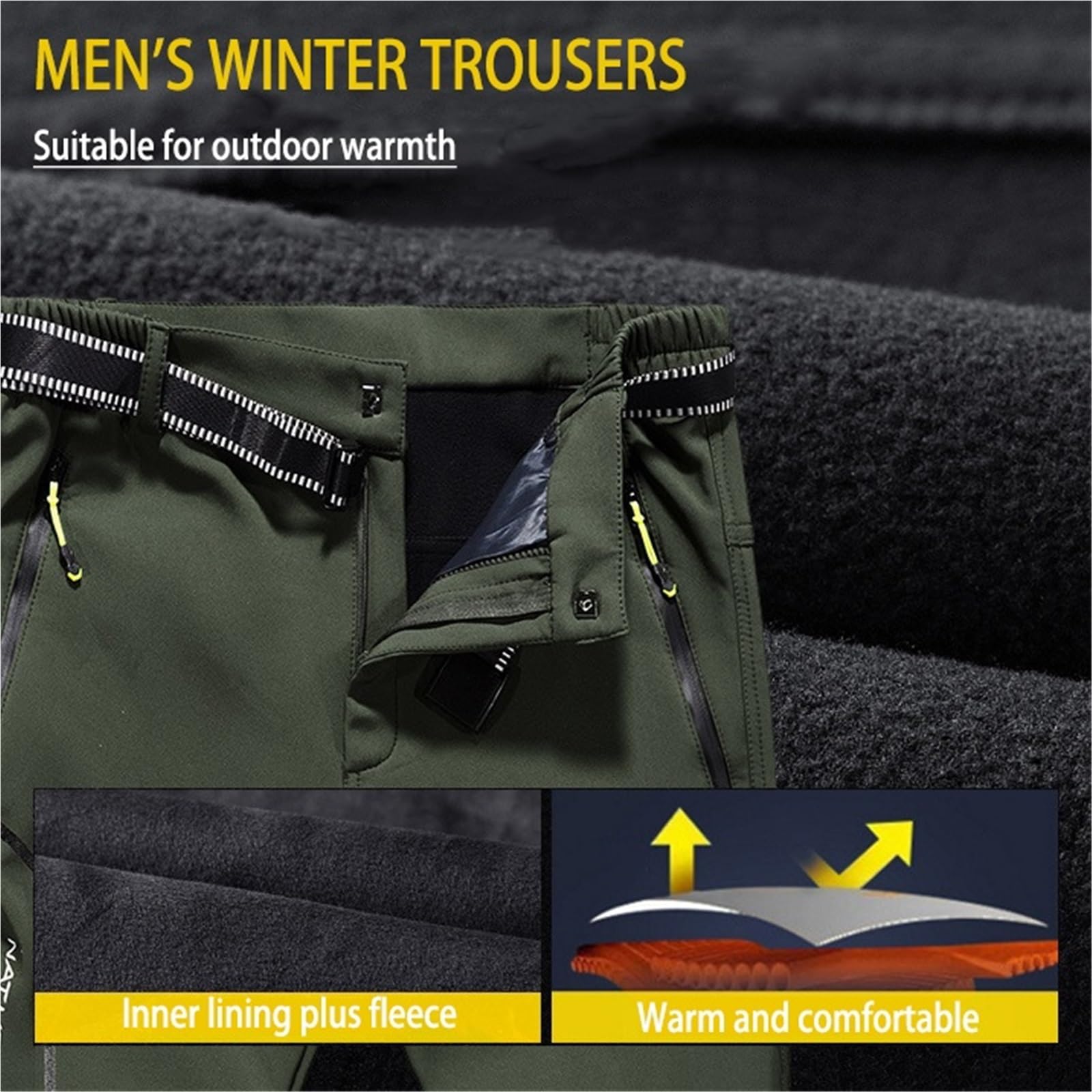 Herren Winterhose, Gefütterte wasserdichte Fleecehose, Warme Softshellhose, wasserdichte Wanderhose for Den Außenbereich Mit Reißverschlusstaschen(Green,4XL)