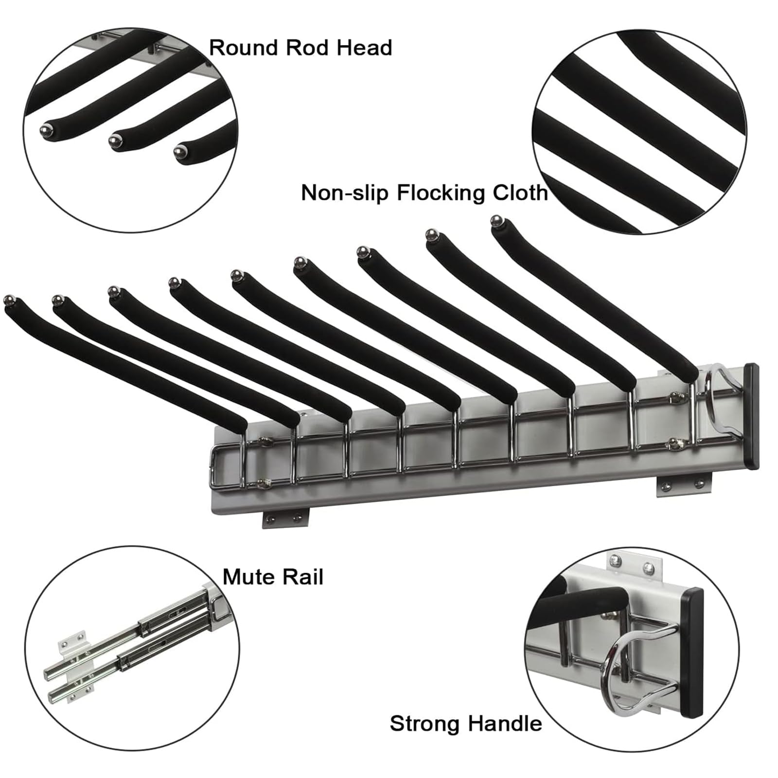 MAFAGE Broekhanger, uittrekbaar, broekophanging, ruimtebesparend, kledingstang, uittrekbaar met antislip flocking voor 9 broeken, roestvrij staal, broekophanging voor kledingkast, 46 cm (rechts