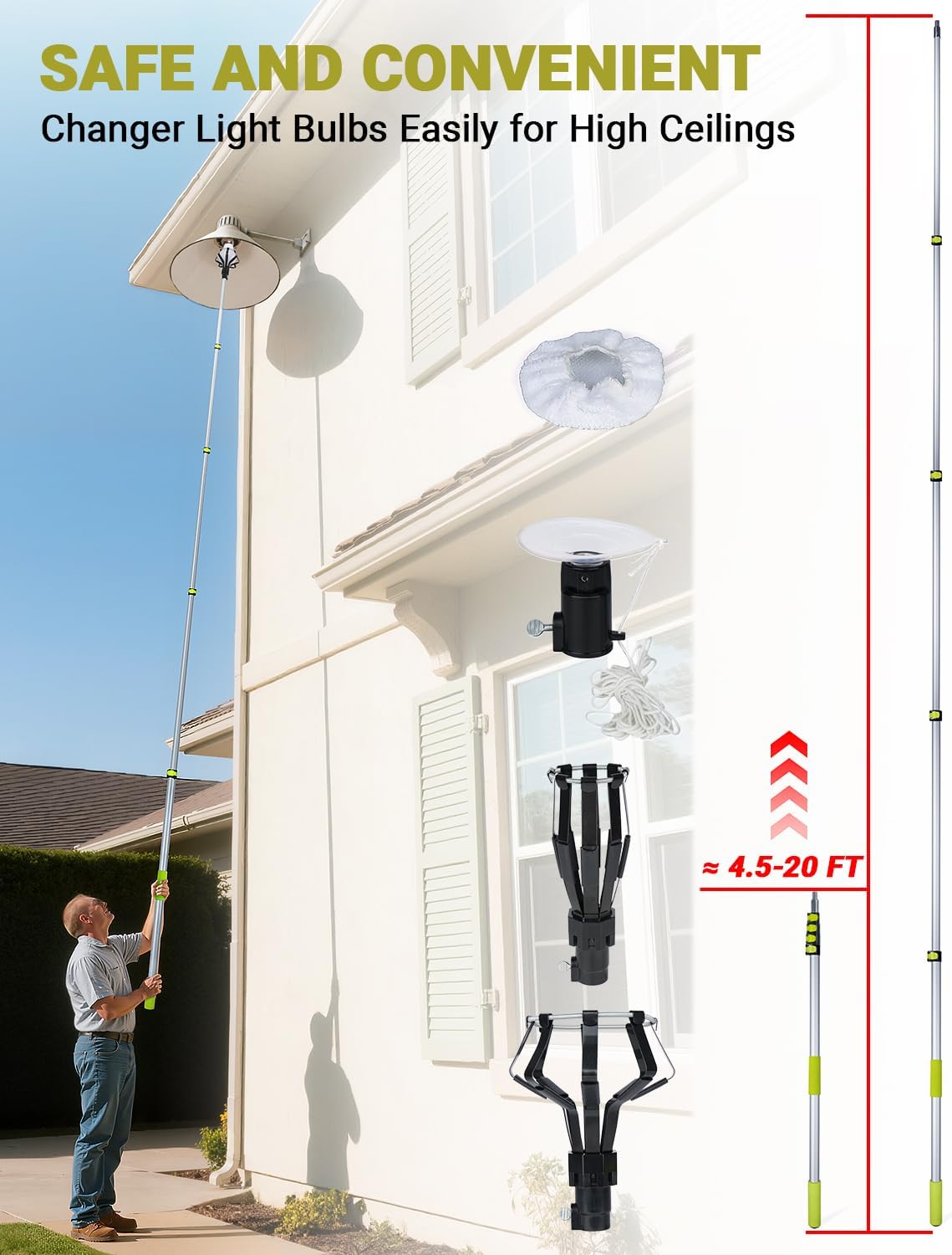 Light Bulb Changer Pole Kit 3 FT to 20 FT Telescoping Extension Pole with 2 Baskets and Suction Cup Lightbulb Changing for High Ceilings and Recessed Lights Removal Tool