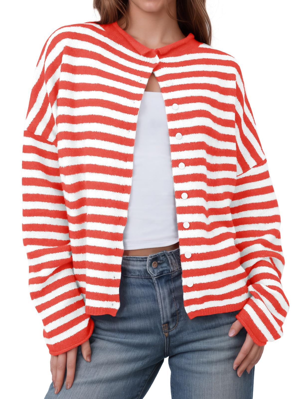 Famnbro Women Striped Cardigan Long Sleeve Open Front Button Down Loose Casual Soft Knit Lightweight Fall Sweaters