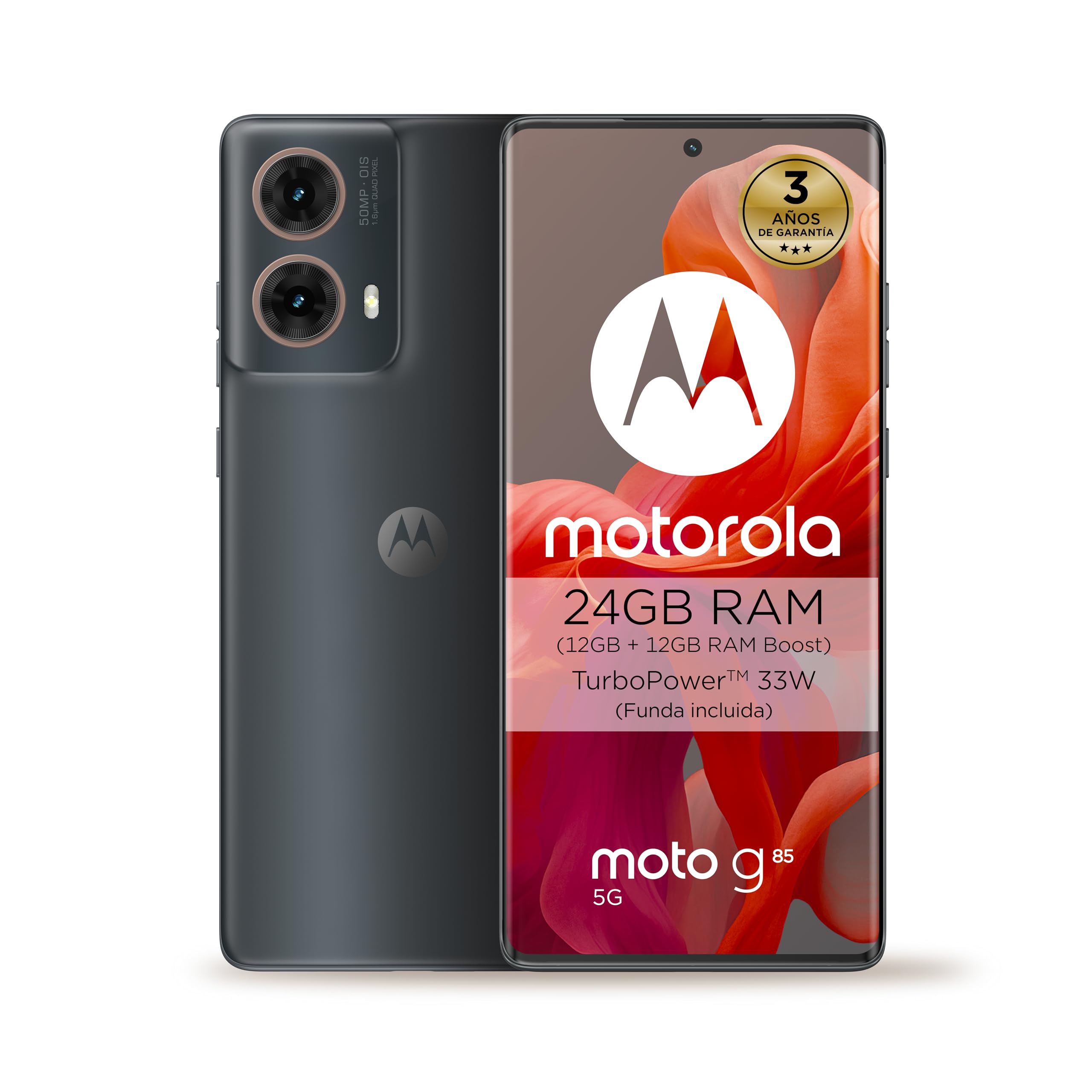Moto g85 5G 24GB (12GB+12GB RAM Boost)/256GB Gris, Pantalla de Borde Infinito de 6,67” y Sonido Dolby Atmos®, Cámara Sony LYTIA™ 600 de 50MP con OIS, Batería 5000 mAh, Carga TurboPower™ 30W