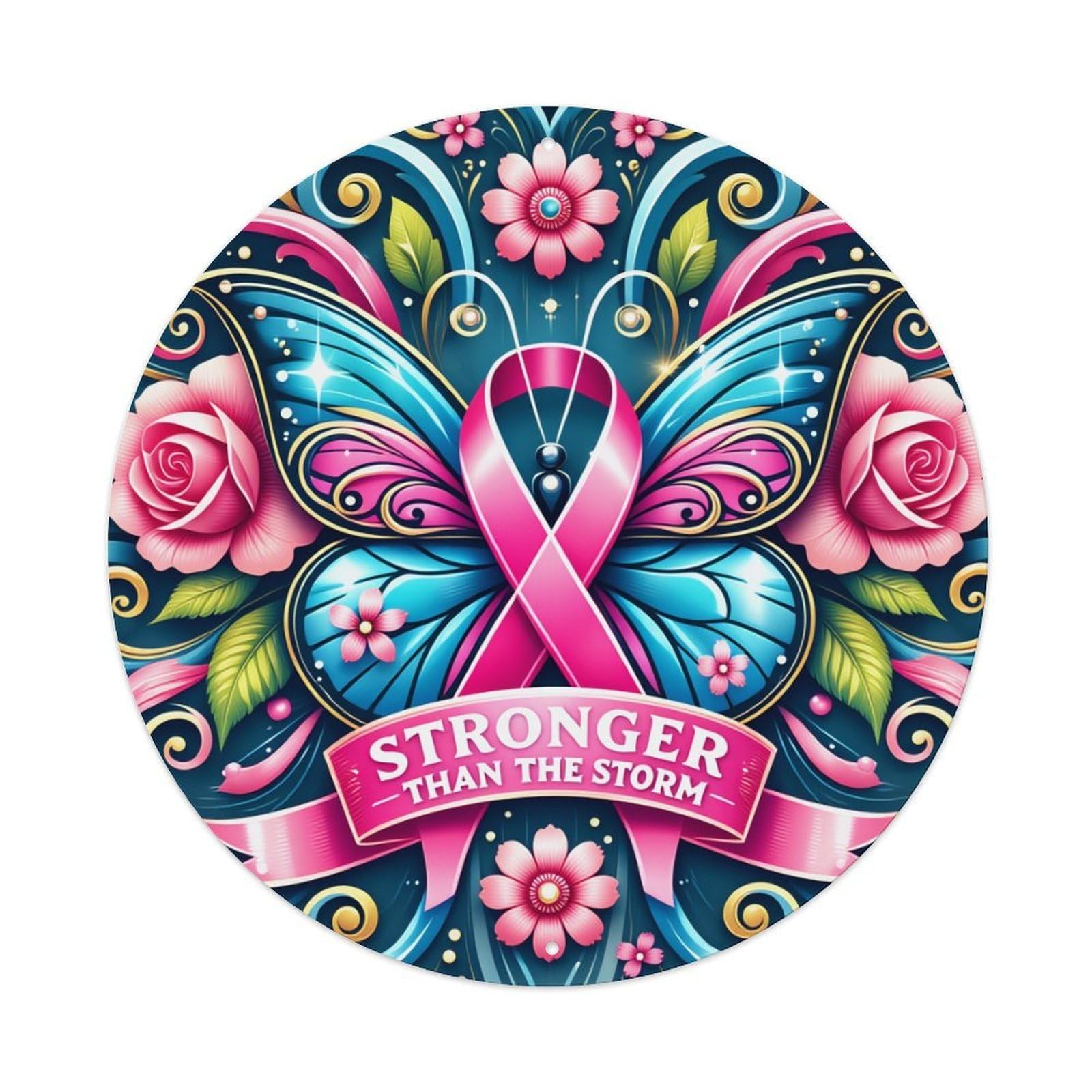 Butterfly Ribbon Flowers Strength Hope Round Tin Sign Vintage Metal Poster, Home Bar Garage Man Cave Cafe Indoor & Outdoor Wall Decoration 8x8Inches