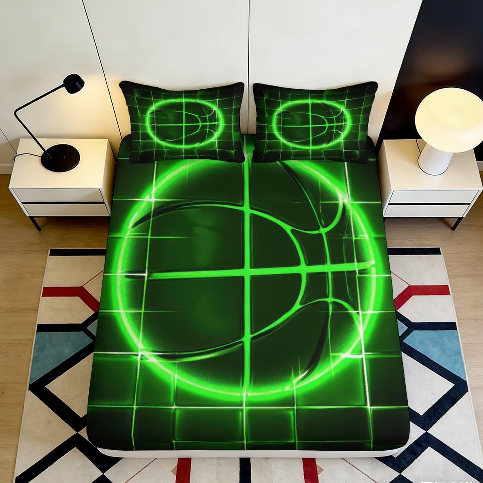 3D Printed Neon Green Basketball Fitted Sheet Microfiber Soft Durable Digital Print Bed Cover for Bedroom Dormitory Guest Room Mattress Protection 180x200x25cm