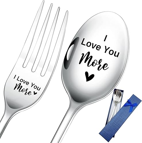 Miniatura 1 de HSSPIRITZ Juego de 2 tenedores de cuchara de acero inoxidable grabados con texto en inglés "I Love You More" con caja de regalo para novio, novia,