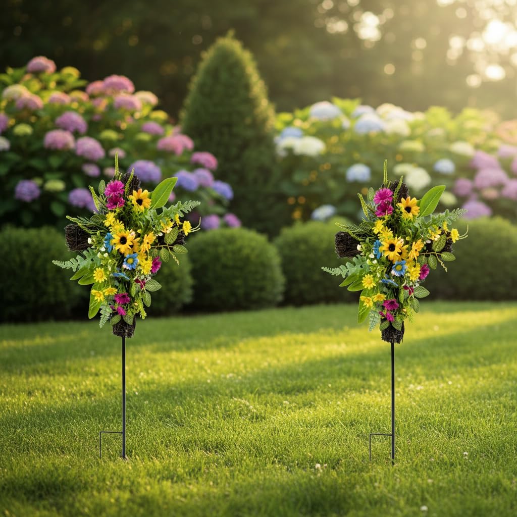 32 Inch Solar Cross Stake Lighted Cemetery Stake with Sunflowers Daisies Colorful Wildflowers for Garden Cemetery Memorial