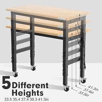 LARBANKE 48 Adjustable Workbench with Wheels and Foot Pads,Rubber Wood Workbench with Graduated Lines,Heights from 33.5 to 41.3,2300 LBS Load Capacity Hardwood Worktable,Workshop,Garage,Office,Home