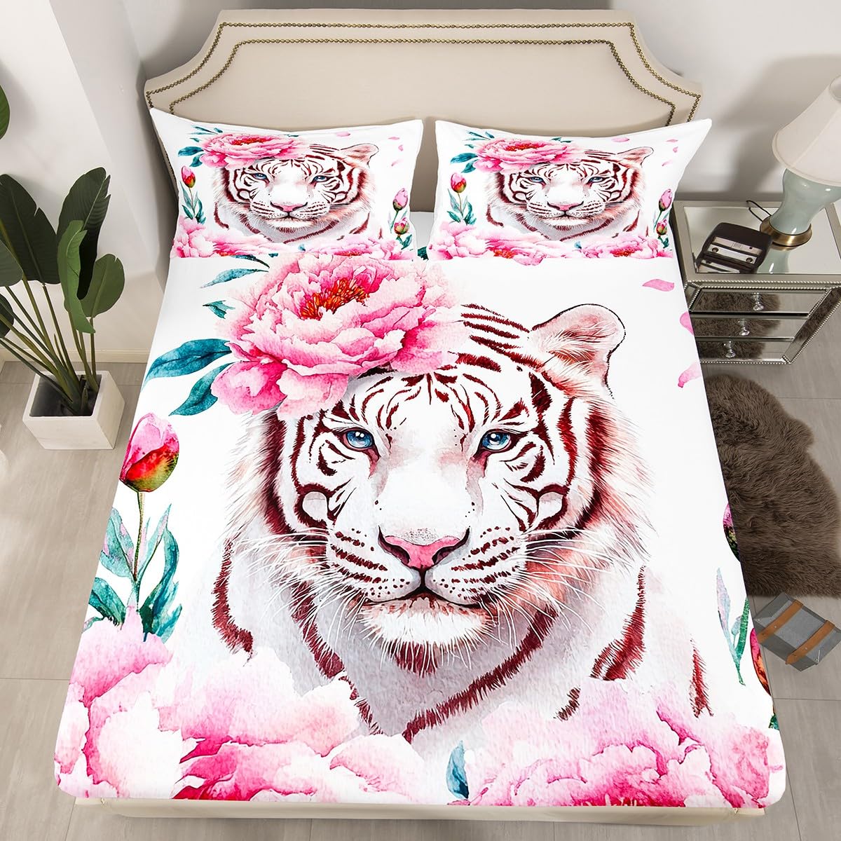 Floral Tiger Bedding Set White Tiger Fitted Sheet, Twin Size Brown Stripes Tiger Bed Sheets for Girls Lady Women, African Safari Animal Print Sheets
