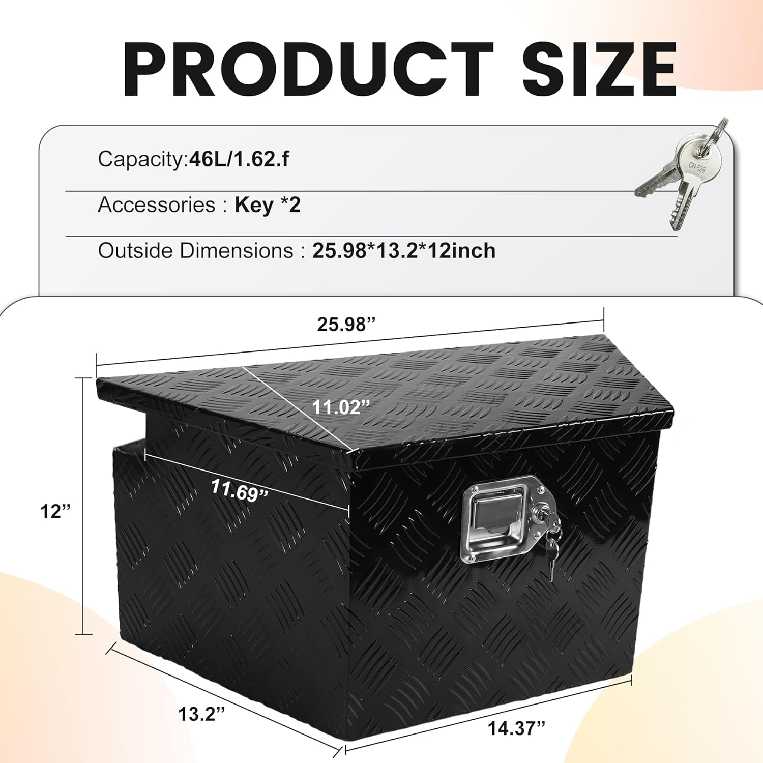 26 Inch Trailer Tongue Tool Box, 26"X13.3"X12" Aluminum Trailer Tool Box with Lock and 2 Keys, Heavy Duty Trailer Storage Box for Pickup Truck Bed, Black