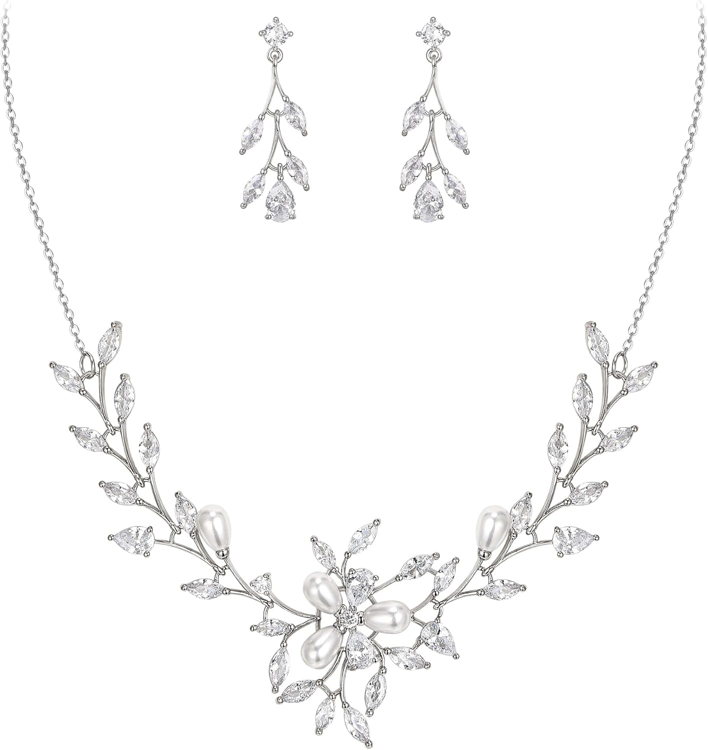EVER FAITH Wedding Cubic Zirconia Jewelry Set for Women, Marquise White Simulated Pearl Floral Vine Necklace Earrings Sets