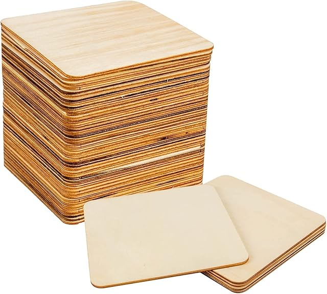 STORMSHOPPING 100PCS Unfinished Blank Wood Square Pieces, 4 x 4 Inch Natural Wooden Slices Squares Cutouts for DIY Crafts Pyrograph Painting Staining Burning Engraving Carving Coasters