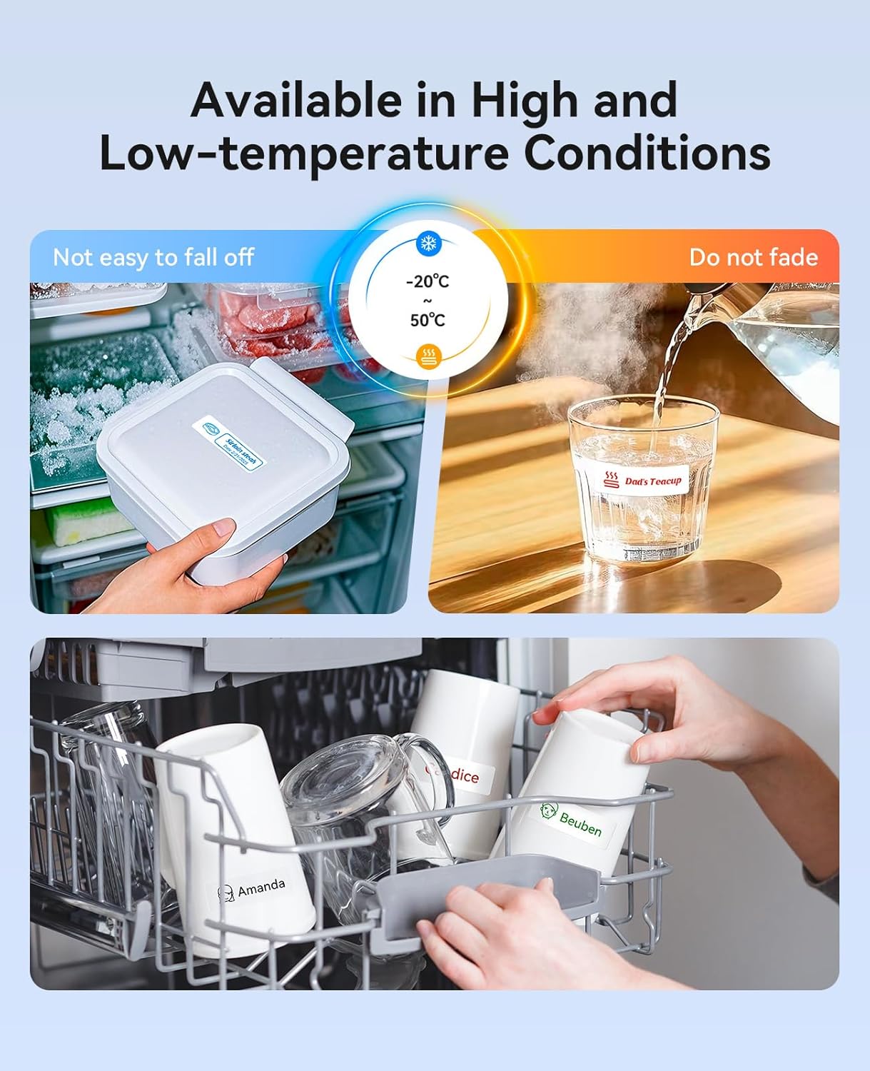 Examples of labels used in high and low-temperature environments, such as on food containers in a freezer and on a hot beverage cup.