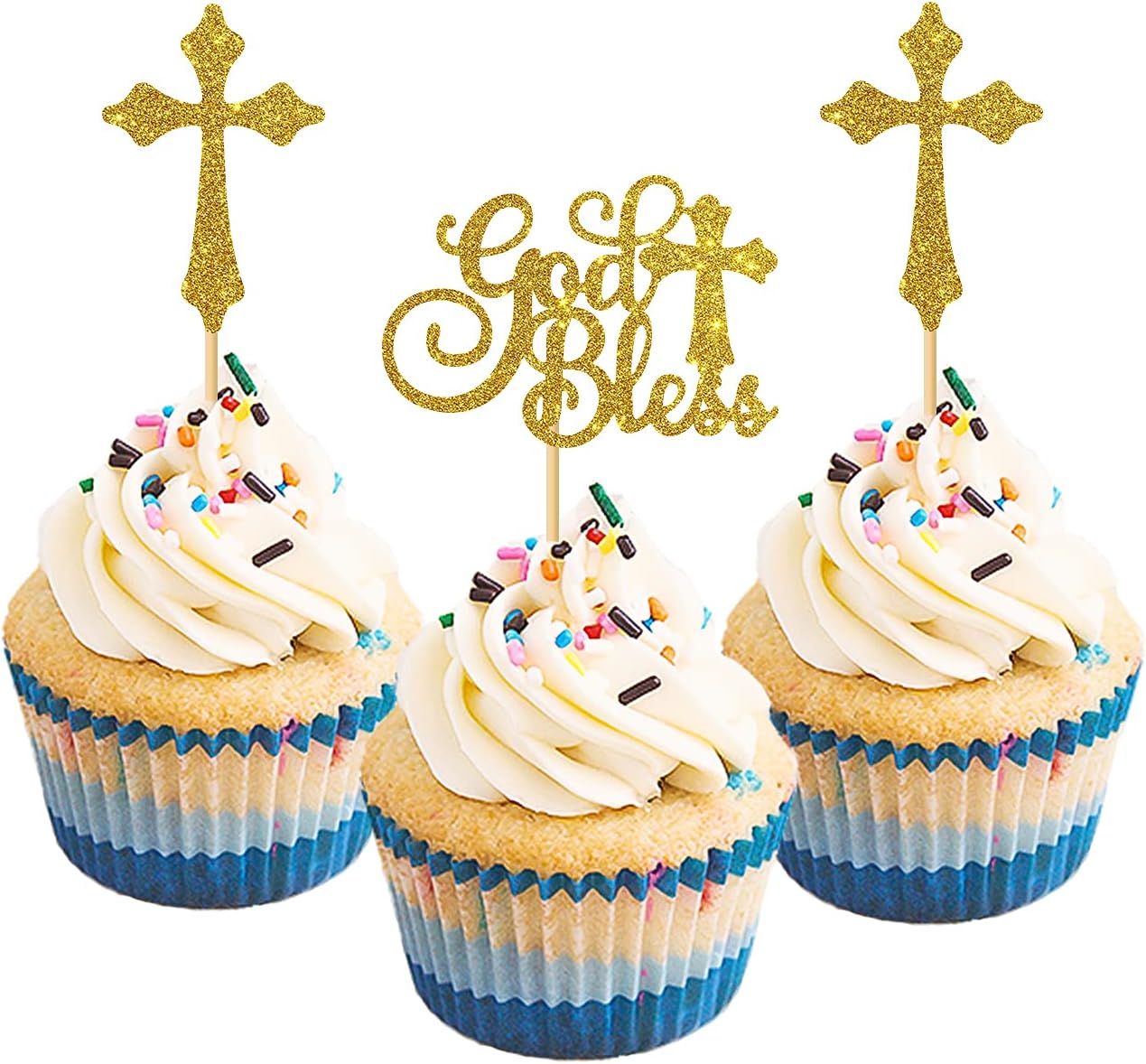 WeBenison 24PCS God Bless Cupcake Toppers for First Communion Party Cupcake Supplies/Baby Shower Party Decorations Bless This Child Cupcake Toppers/Gold Glitter