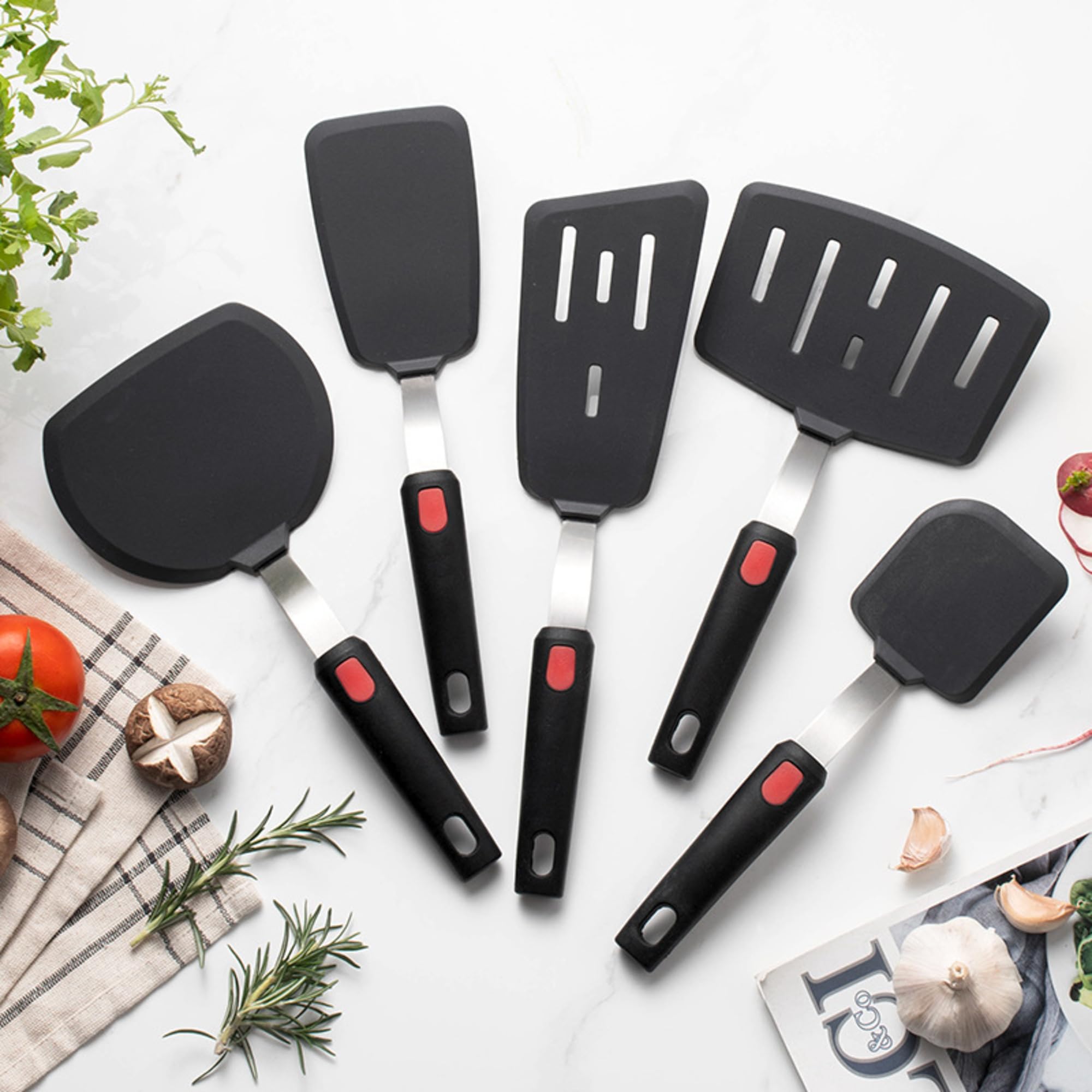 Juego de 5 espátulas de silicona para utensilios de cocina antiadherentes, resistentes al calor, para huevos, panqueques, aptos para lavavajillas