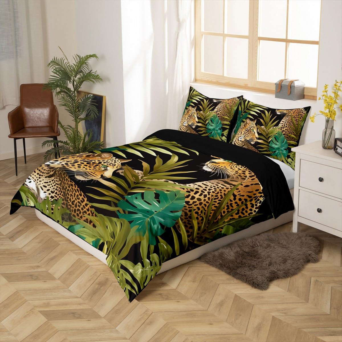 Erosebridal 3D Leopard Duvet Cover Queen Size,Cheetah Print Bedding Set Tropical Palm Leaves Comforter Cover African Safari Animals Bed Sets Jungle Plant Leaf Weed Decor for Bedroom