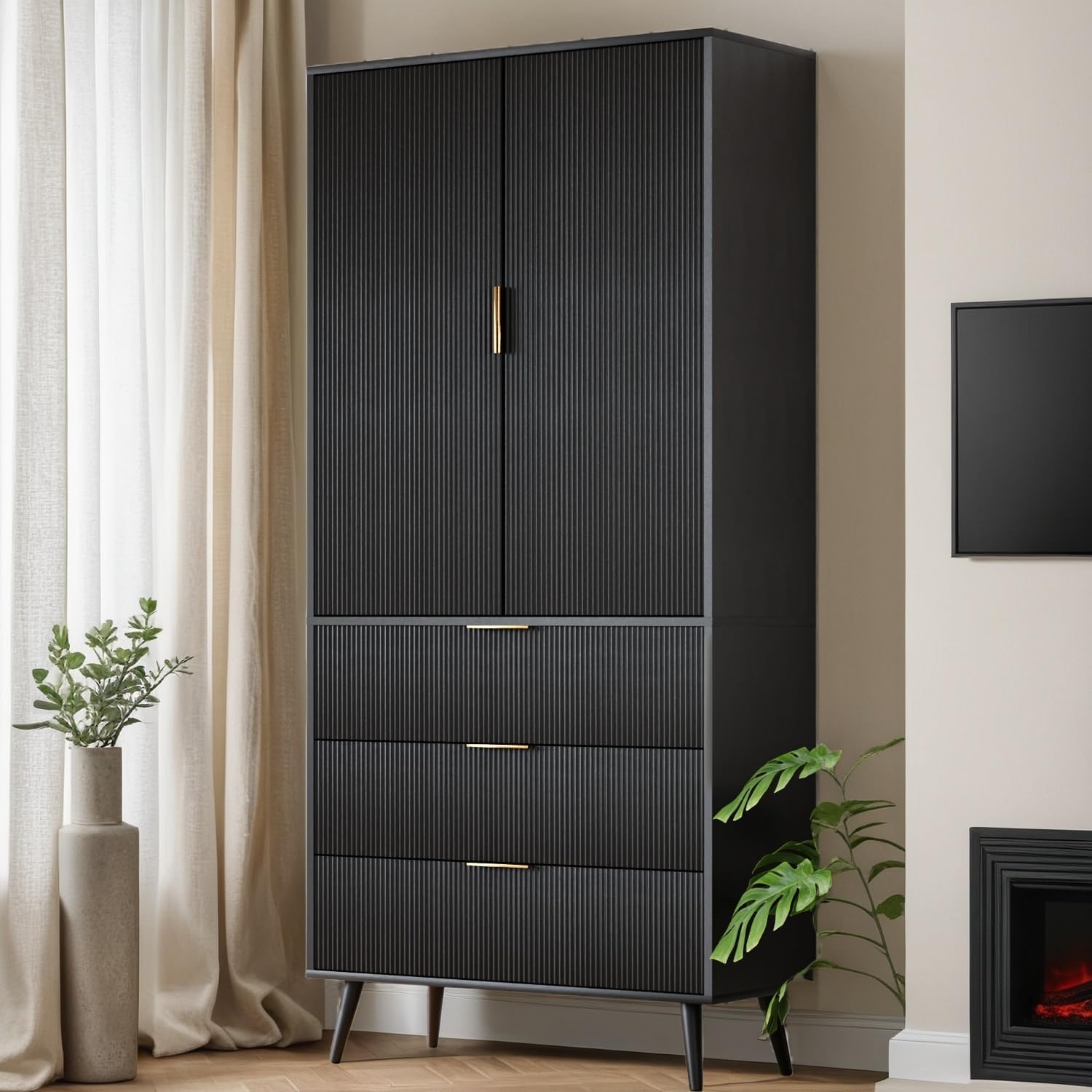 FONTOI Storage Cabinet, Kitchen Pantry Storage Cabinet with 3 Drawers 2 Doors, Wood Cupboard with Adjustable Shelves & Fluted Panel Design, Tall Home Pantry for Living Room, Kitchen, Black