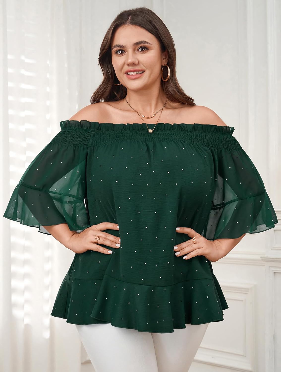 SCOMCHIC Women's Plus Size Off The Shoulder Tops Half Sleeve Chiffon Blouse Ruffle Cocktail Party Evening Shirts - Image 2
