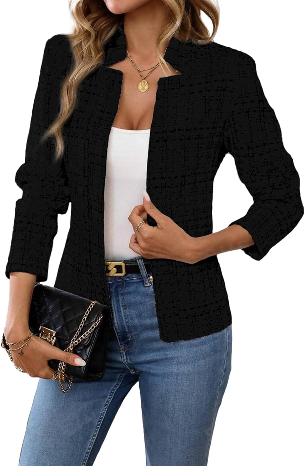 ELLEVEN Womens' Tweed Open Front Blazer Long Sleeve Jacket Notch Collar Fully Lined Casual Business Work Office Coat