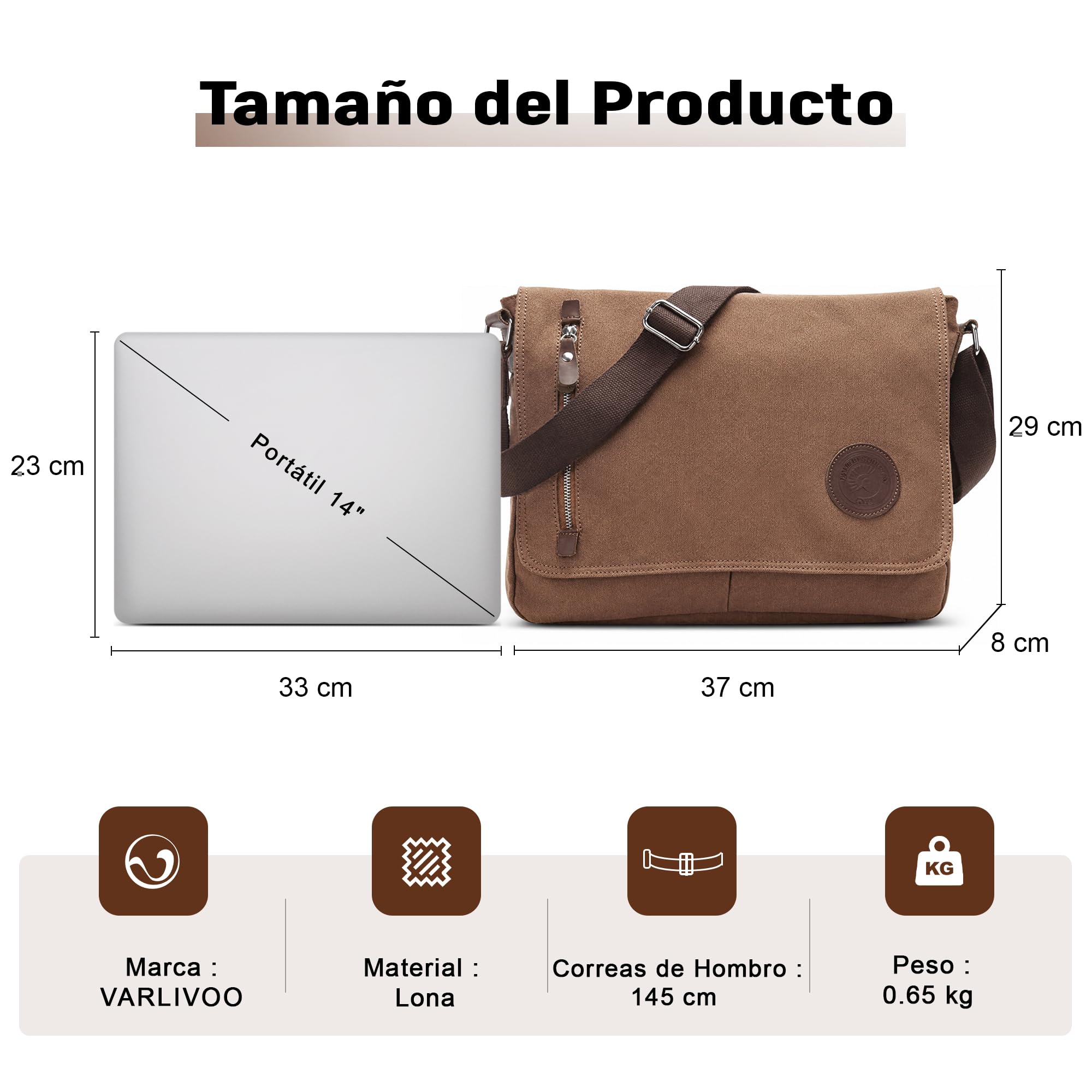 VARLIVOO Bolsos de Hombro para Hombre Bolsa de Mensajero 14 Pulgadas Laptop Bolsas Cruzados Conmutar Viaje Maletín Colegio Trabajo Lona Marrón