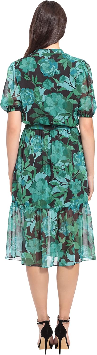 London Times Womens Keyhole Neckline Tie Waist Flounce Hem Feminine Midi Dress Guest of Wedding Office Cocktail - Image 3