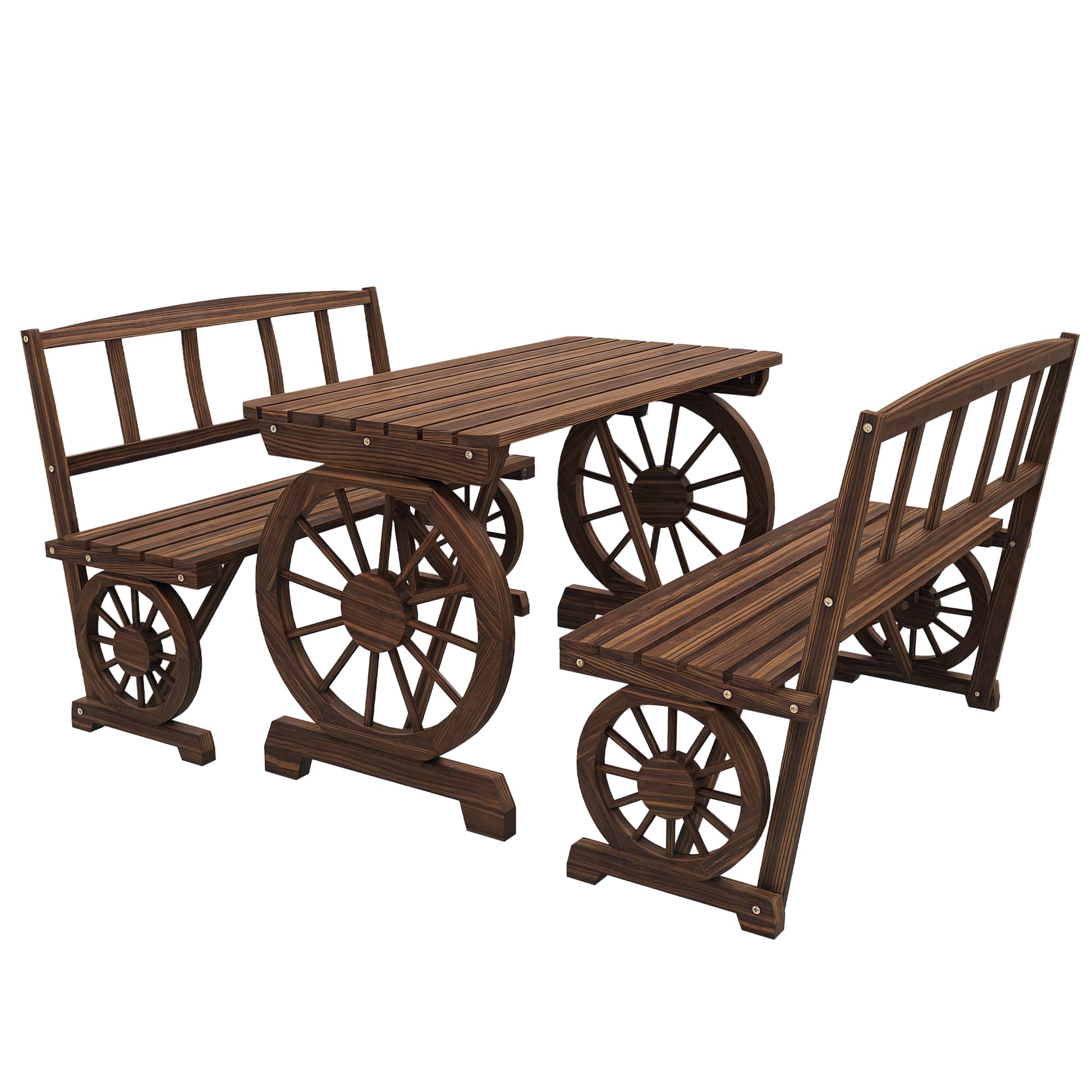 Mesa y sillas para exteriores para 4 personas, juego de mesa de patio de madera y banco de comedor, juego de muebles de 3 piezas para todo tipo de clima con diseño de rueda de carro para