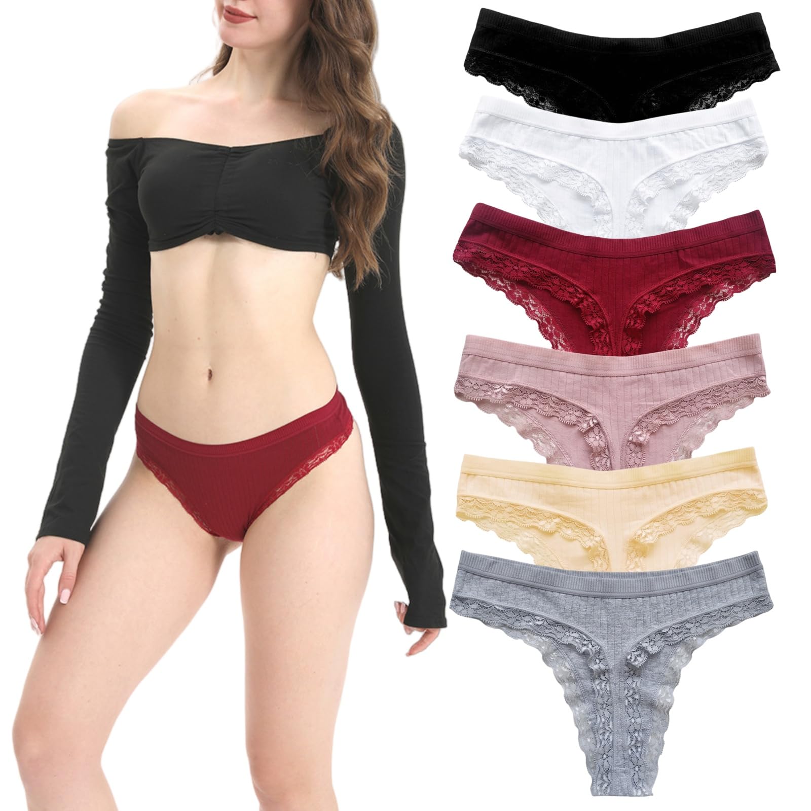 Ropa interior de algodón para mujer, bragas hipster de encaje sexy, talle bajo, transpirables, brasileñas, descaradas, paquete de 6, tallas S-XL