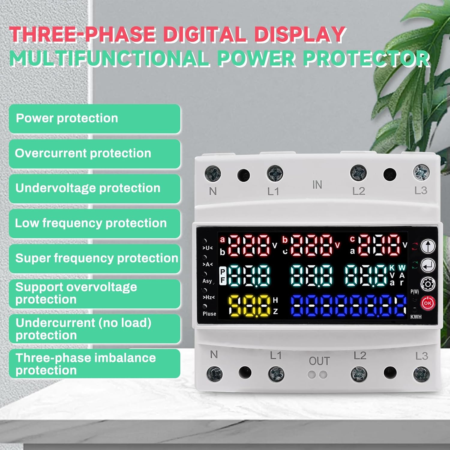 Contatore elettrico trifase DewinLVD LSXDB030 con display che mostra varie funzioni di protezione