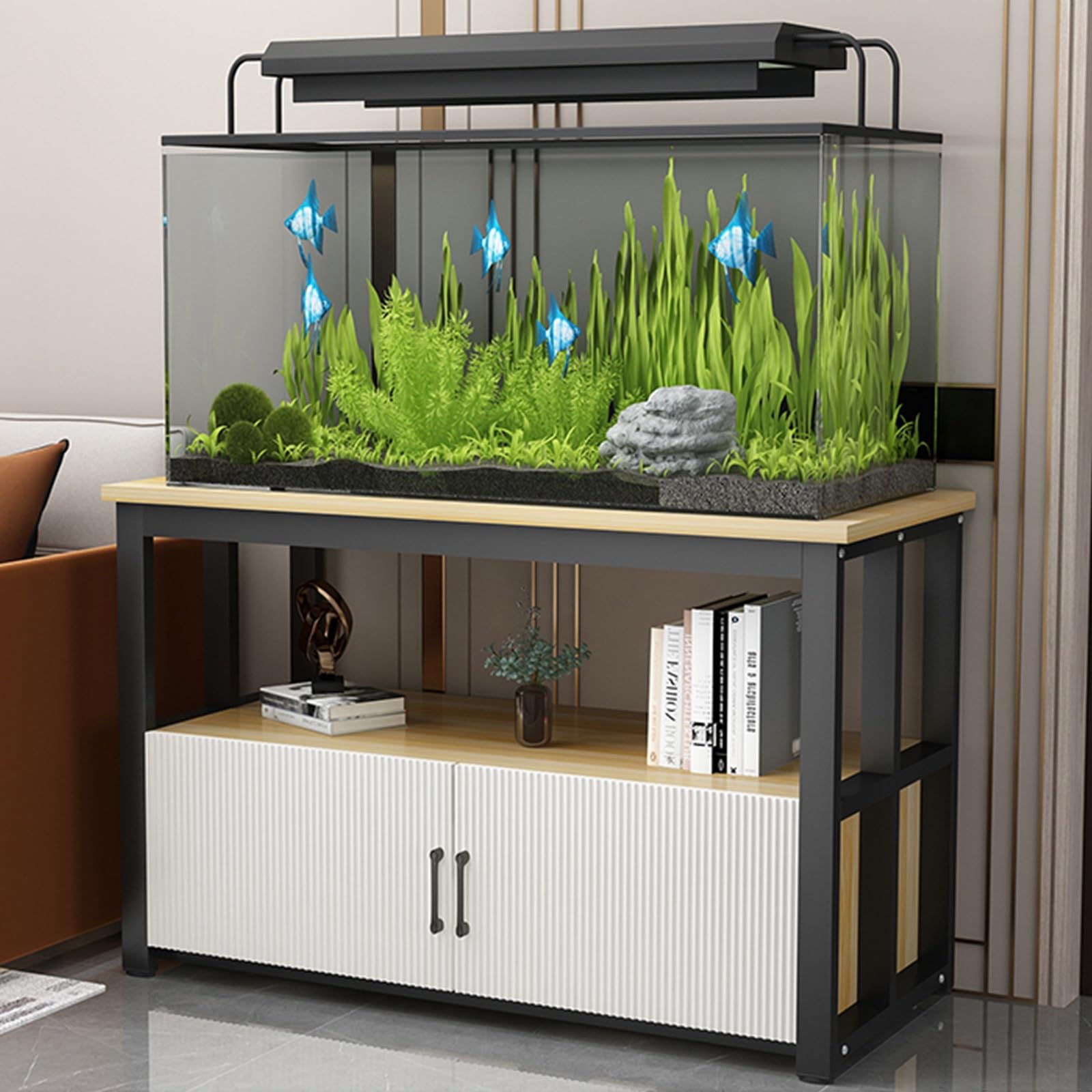 FORRTY Fish Tank Rack With Storage Cabinet, Aquarium Stand, 2-Tier Design, 40-120cm Length, Space-Saving, Heavy Load Capacity, With Doors And Shelves, Perfect For Living Room, Restaurant(Black+wood,55