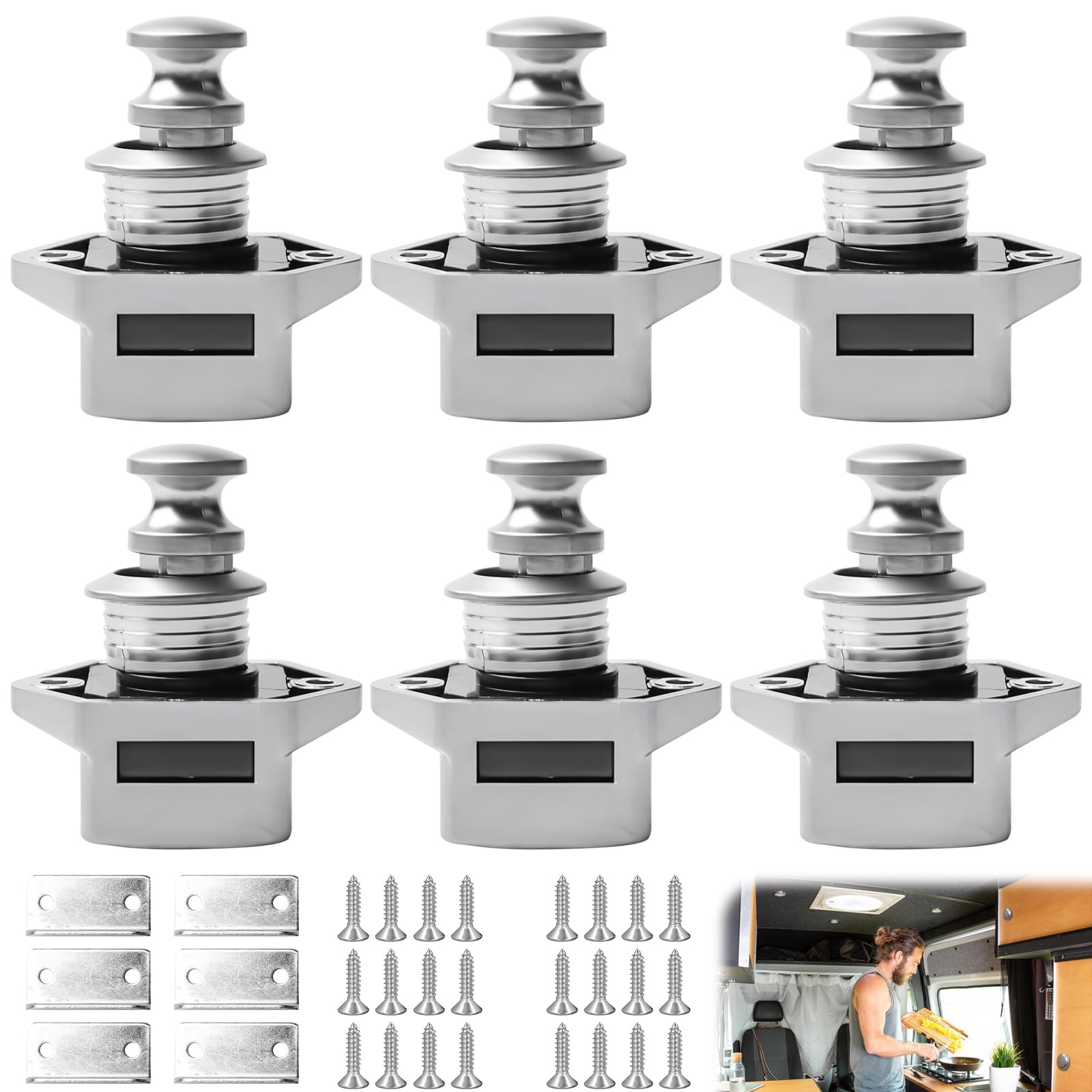 6 Stück Push Button Catch, Push Lock Schloss Wohnmobil, Keyless-Schrank Lock Catch, Druckknopfverriegelung Wohnwagen, Keyless Locks, Druckknopf Verriegelung für Wohnmobil, Wohnwagen, Camper, Yacht