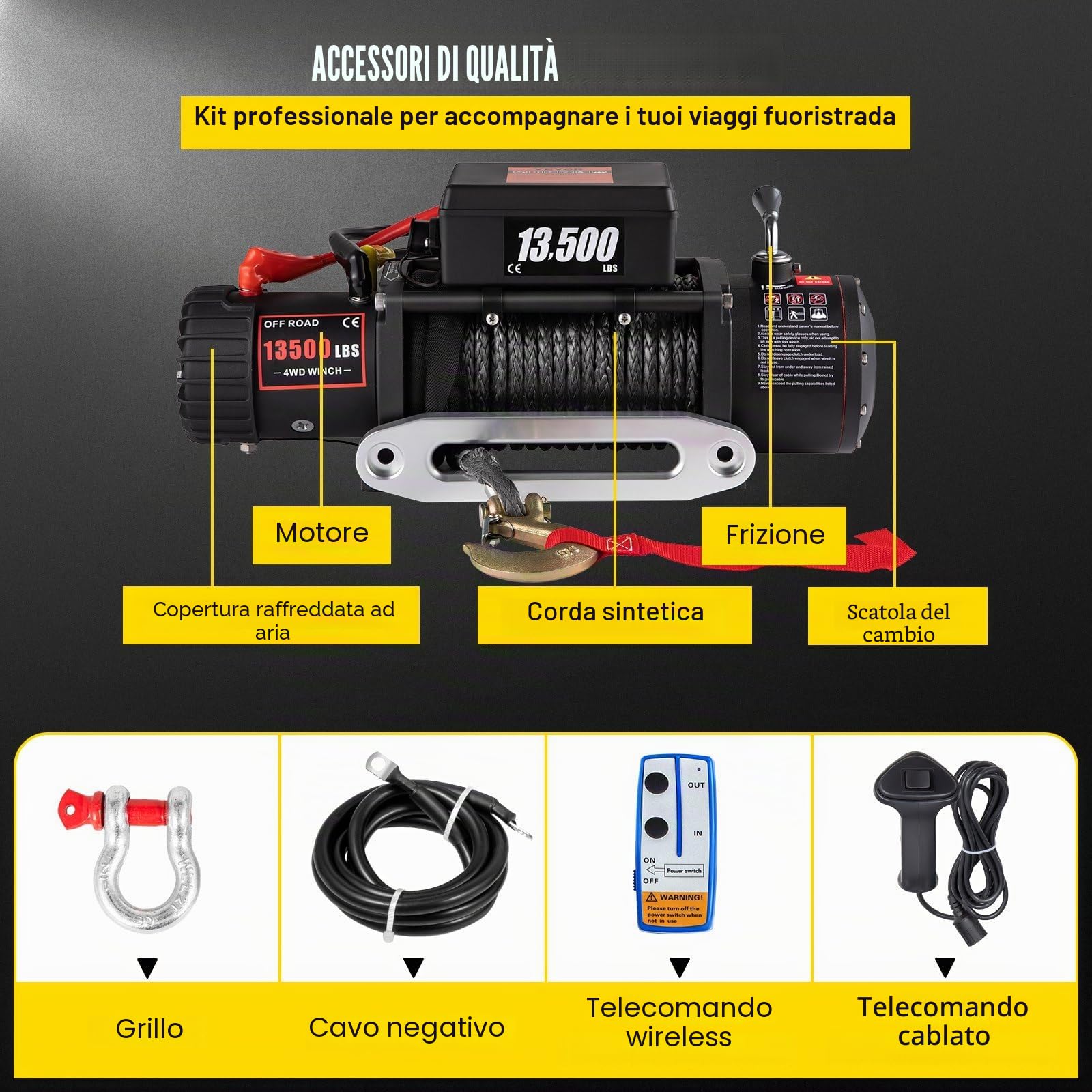 Verricello elettrico per auto 12V 13500 lb / 6123 kg, argano elettrico con fune in acciaio 9,5 mm x 24 m, sollevatore elettrico traino per ATV UTV fuoristrada