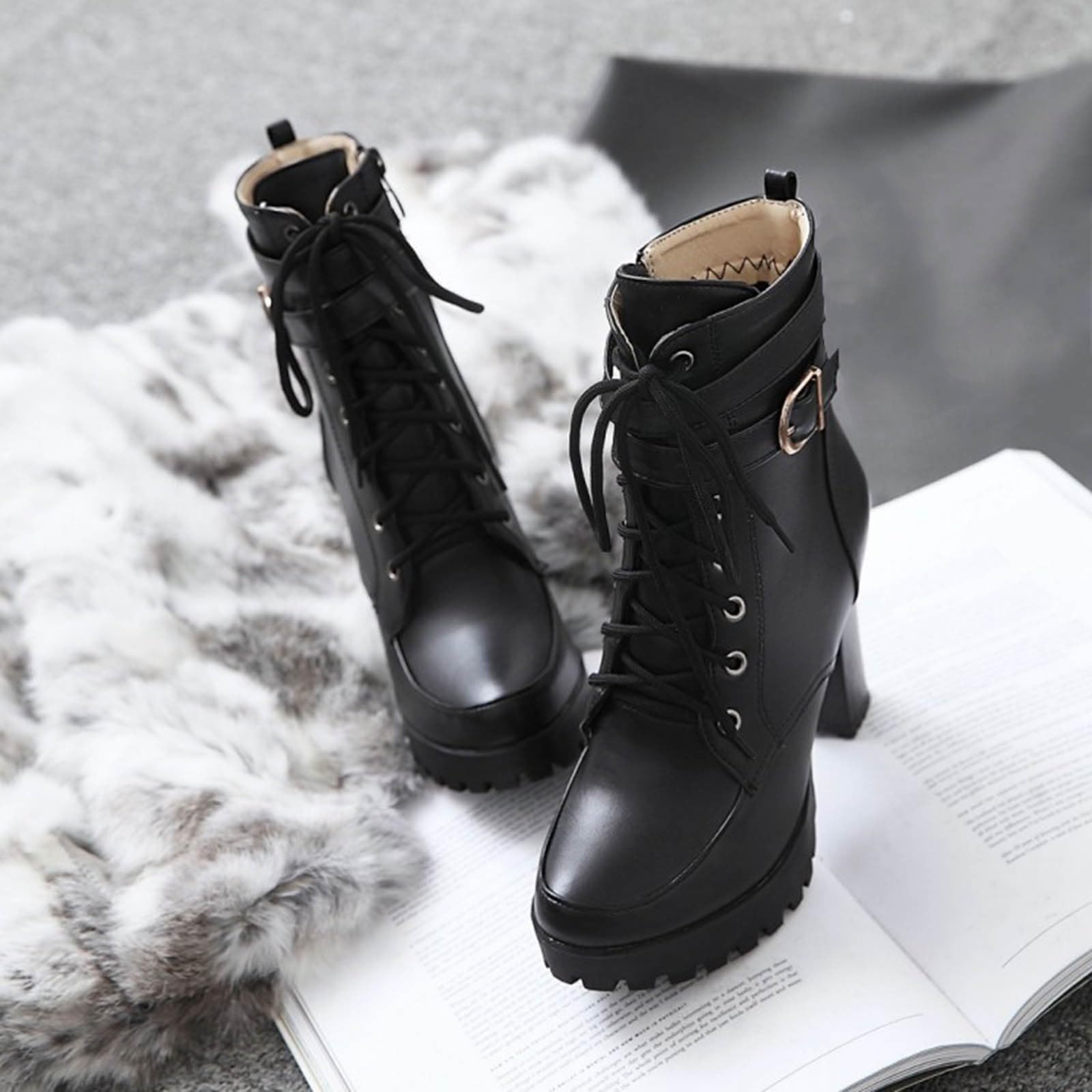 Stivali Donna Tacco Quadrato Stivali con Tacco Traforati con Fibbia Zip Laterale Stivaletti Signore Autunno E Inverno Casual Strass Fibbia Pizzo Splicing Chunky Tacco Zipper Alto Tacco