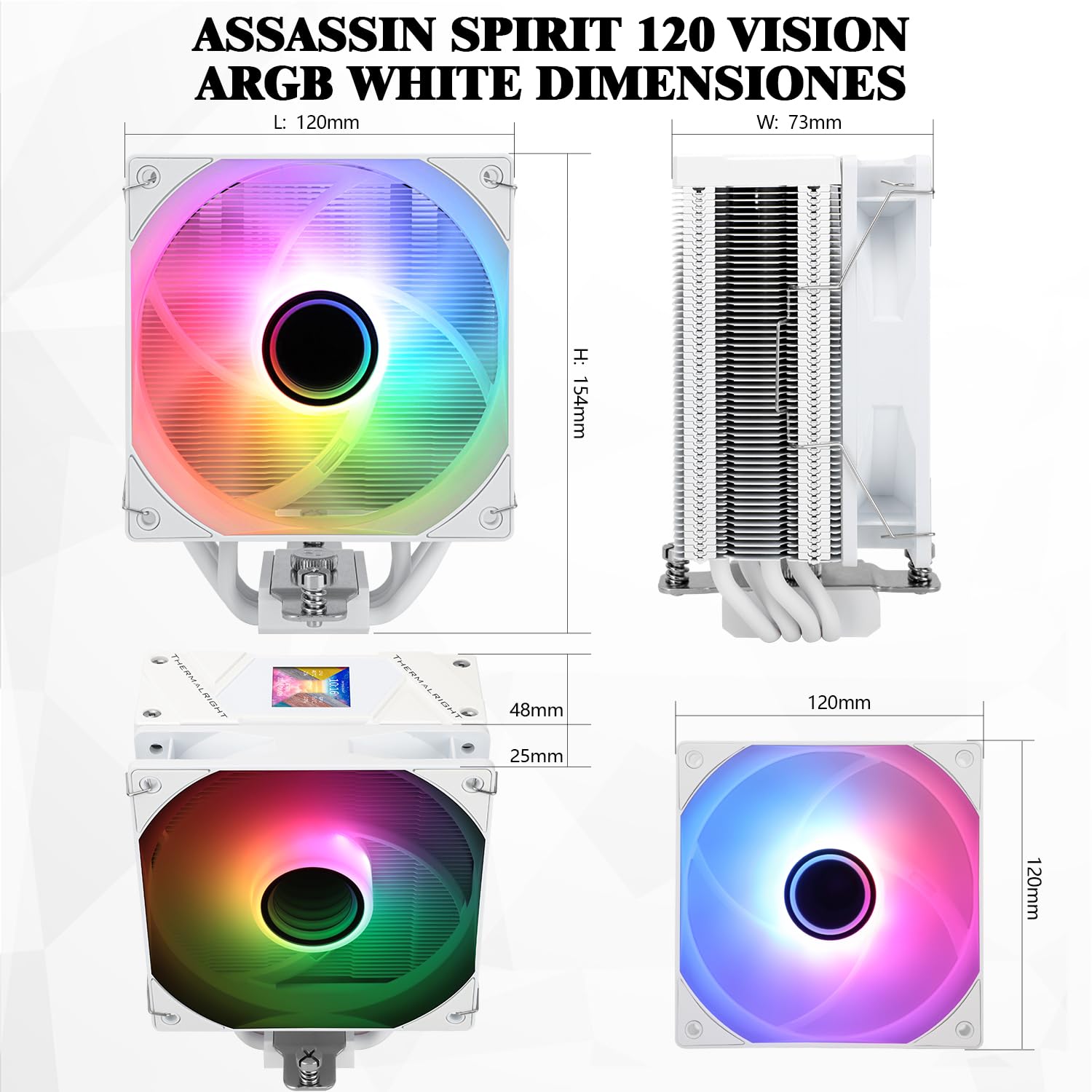 Thermalright Assassin Spirit 120 Vision ARGB White chłodnica procesora, 4 radiatory cieplne, ekran PC, chłodzenie procesora o przekątnej 1,54", rozdzielczość 240 x 240, do AM4/AM5 i LGA1700/1851