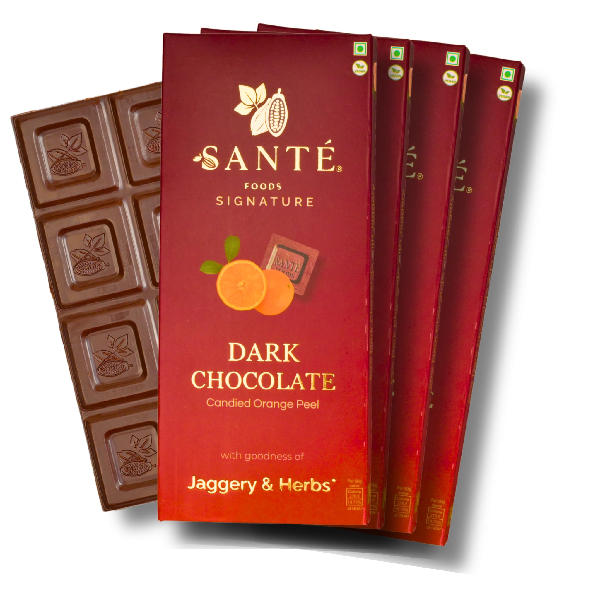 Sante Foods Jaggery Dark Chocolate With Candied Orange Peel| Pack Of 4 X 50 Grams | No Added Sugar | Jaggery Sweetened |100% Vegan| Blended With Ayurvedic Herbs-image-9