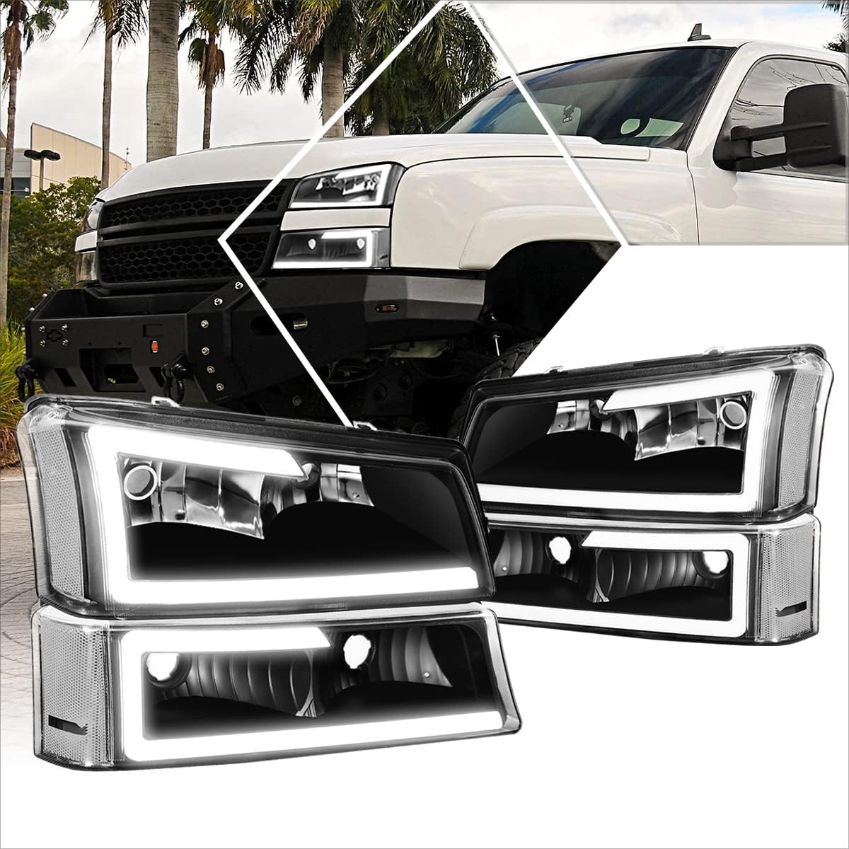 PM PERFORMOTOR [4Pcs-Set] LED DRL Headlights+Bumper Lamps Compatible with 03-07 Chevy Silverado Avalanche,Black Housing/Clear Lens