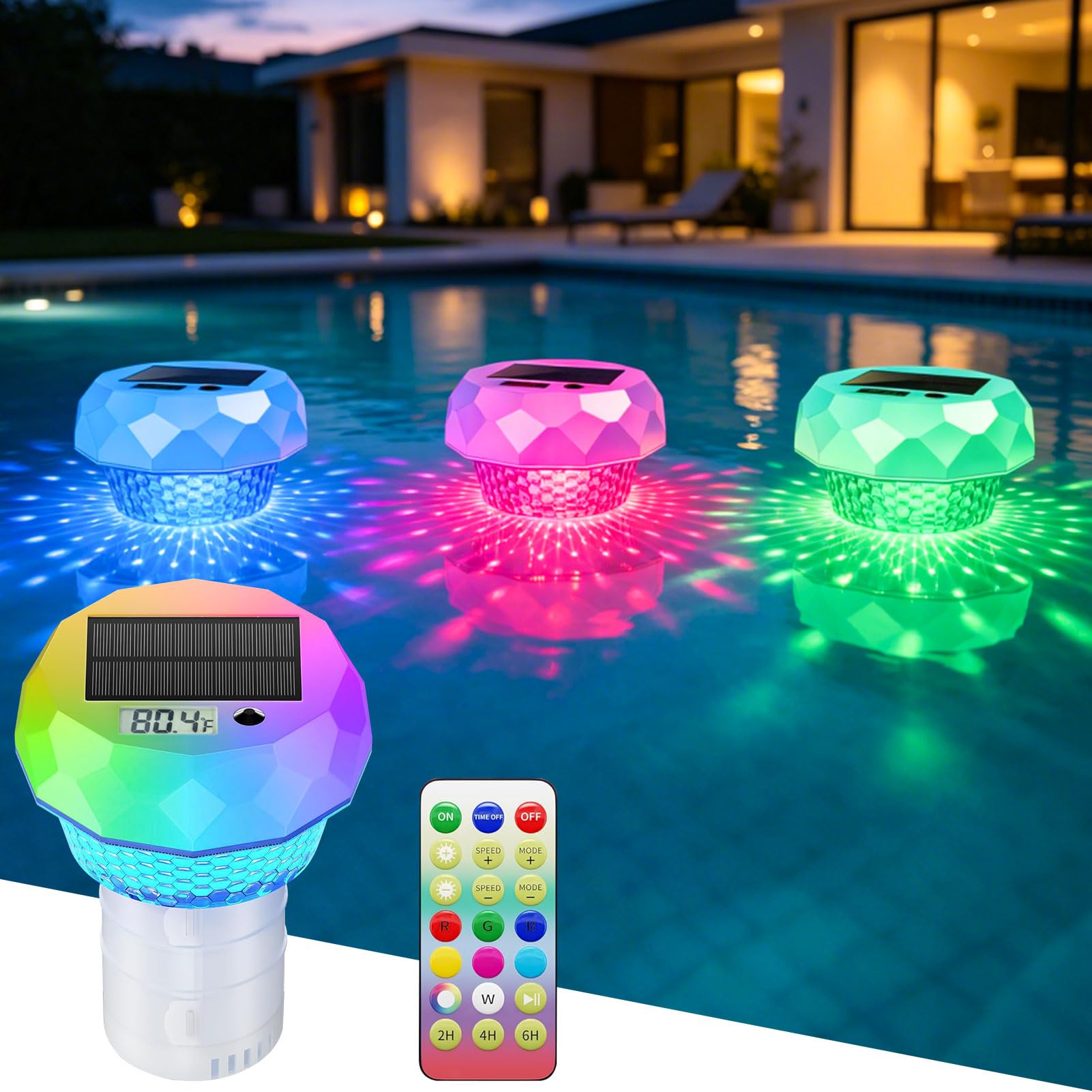 Poolthermometer Schwimmend, 3-in-1 Poolbeleuchtung Solar Poolthermometer, Mit Einstellbare Chlorspender, 7 Farben-Licht, Faltbar Wasserthermometer Pool Für Spa, Pool Zubehör (A)