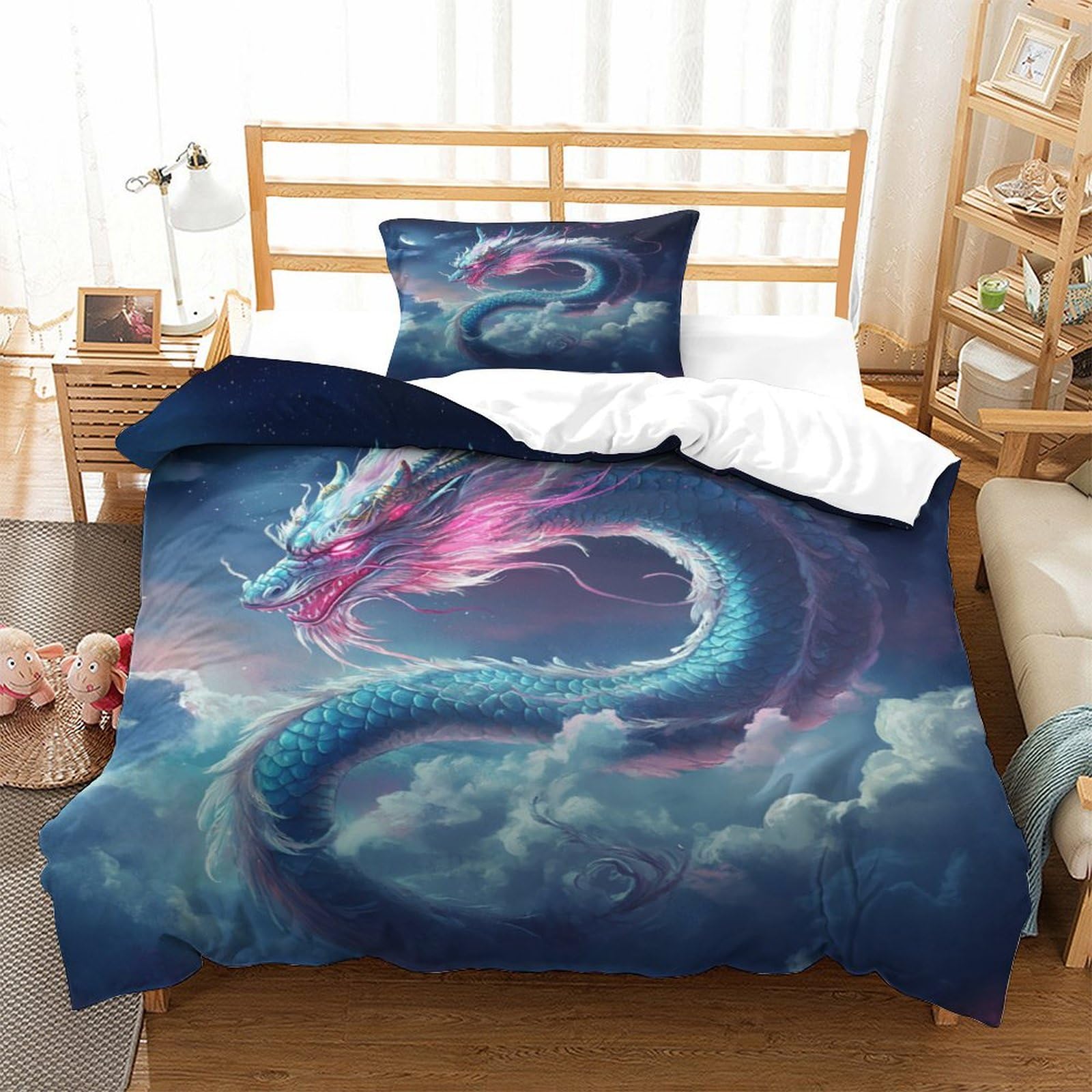 P1s9u7w5y Dragon 3D Printed Fantasy 3Pcs Microfiber Cloud Design Duvet Cover Set Bedding Set Single（135X200cm）