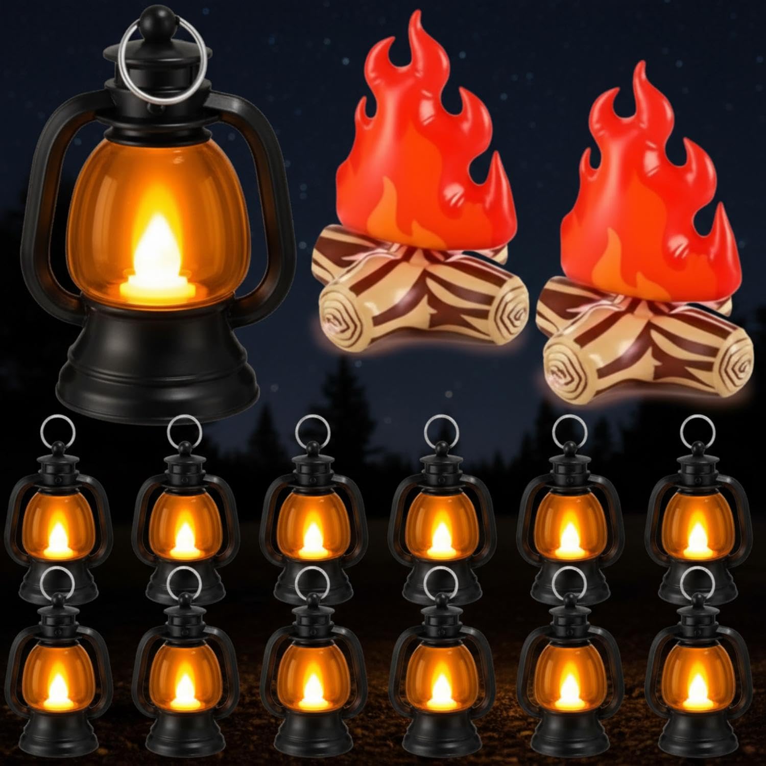 Yuntau 14 Pcs Campfire Party Decoration Set Inflatable Campfire Camping Mini Lantern Decorative Western Vintage Table Centerpiece Firewood Toys for