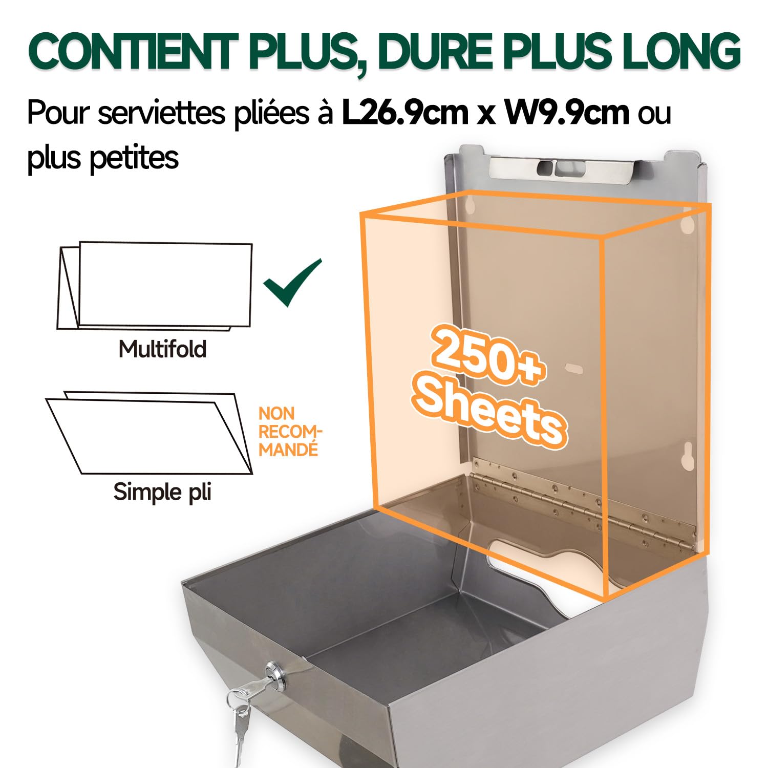anydry Distributeur de Serviettes en Papier Mural – Capacité 250 Feuilles, INOX brossé, verrouillable, adapté aux Serviettes multifold/Z-Fold (Taille pliée ≤ 27 cm x 10 cm) Brossé