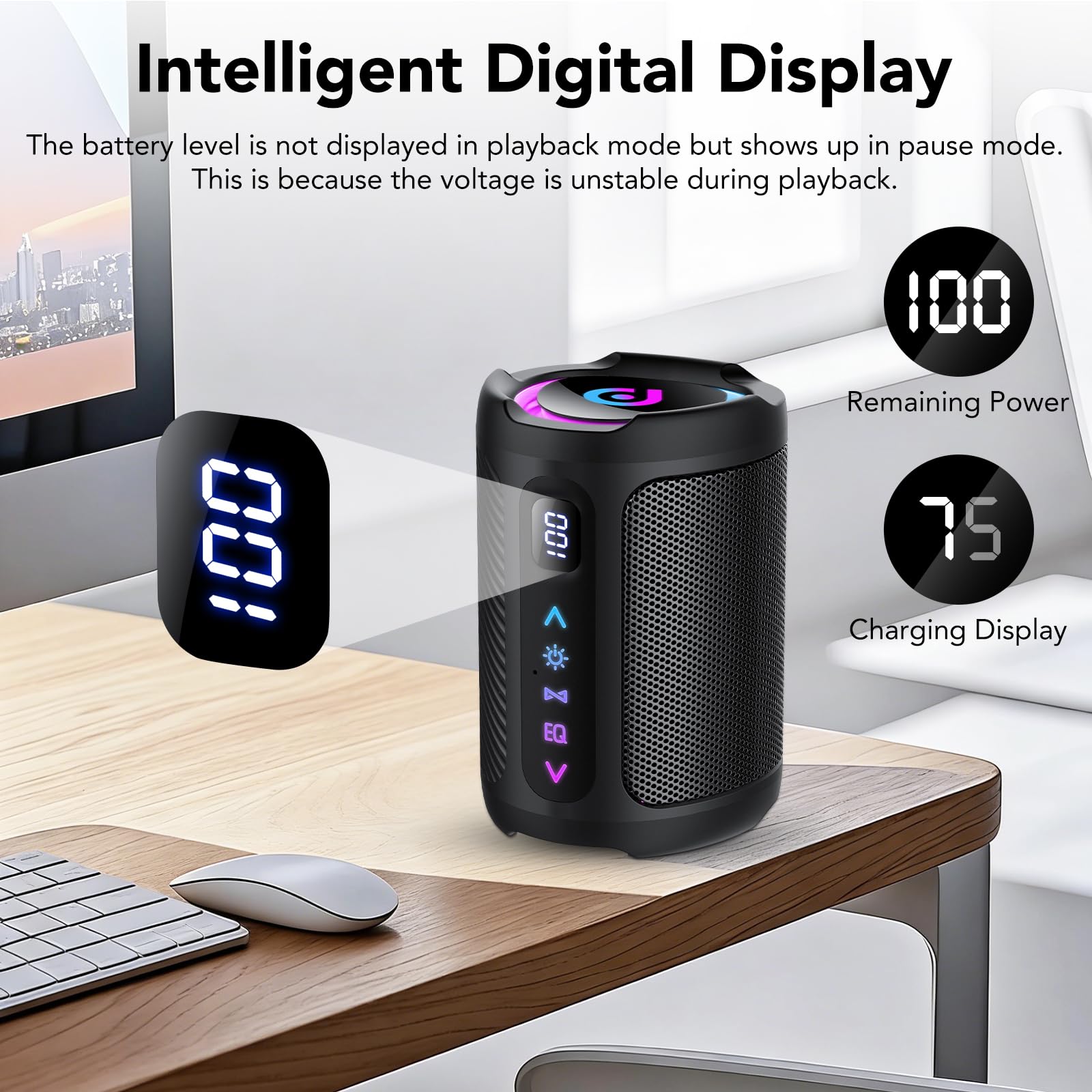 Cassa Bluetooth Portatili senza fili con luce LED, Display Digitale Intelligente+Smart EQ, Altoparlante Bluetooth Bassi Potente, Bluetooth 5.4, Speaker da Esterno per Viaggi, Sport, Feste, Ciclismo