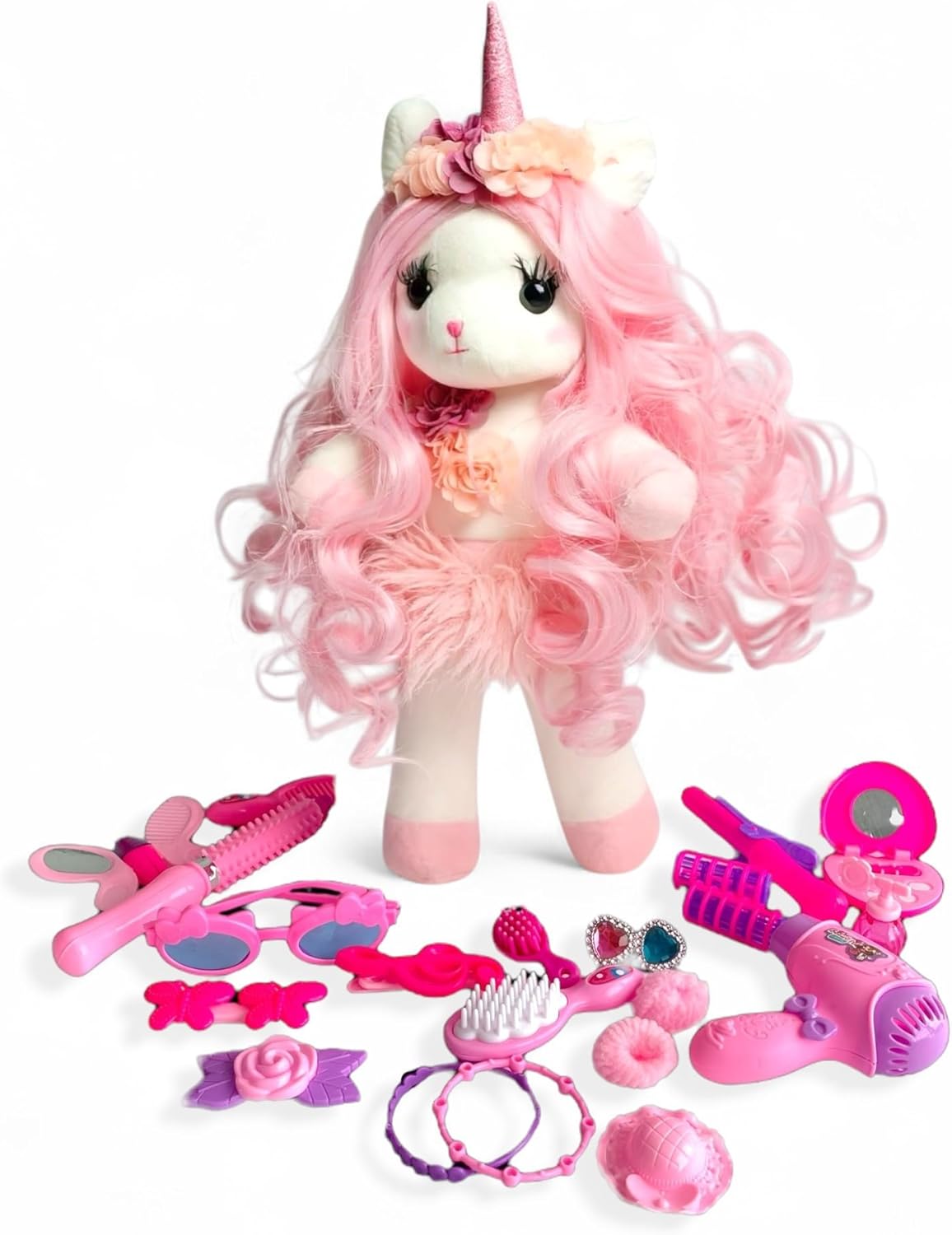 Isa The Unicorn with Hair and Play Set – Stuffed Unicorn with Pink Long Hair & 30-Piece Hairdresser Kit for Pretend Play – Premium Toy Gift for Girls Age 3+