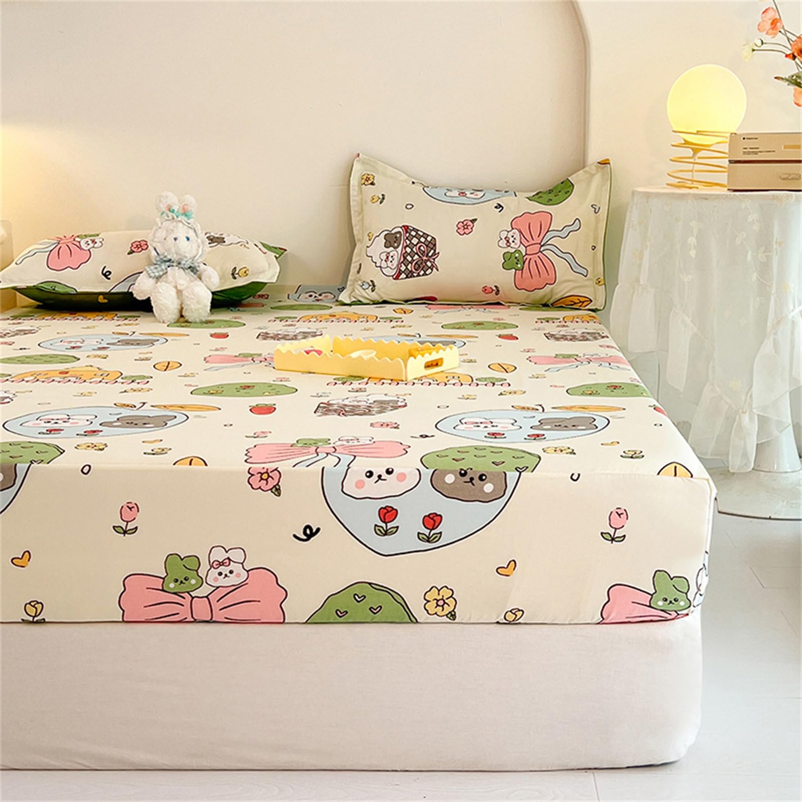 Surwin King Double Single Fitted Sheets, Soft Microfibre Fitted Bed Sheets, Fade Resistant Deep Pocket Fitted Sheet, Cartoon Prints Bedsheets (Double,Rabbit)