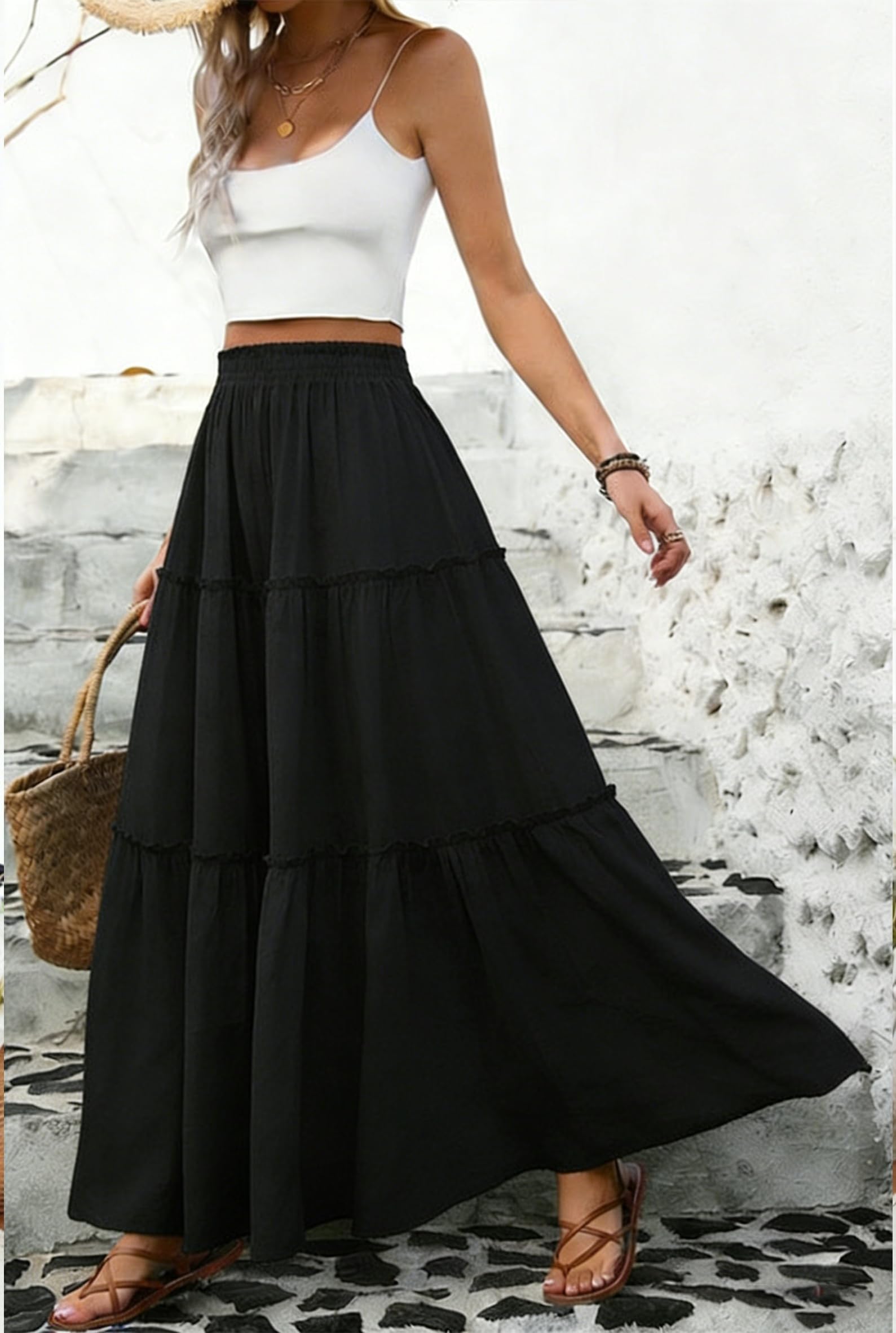 Gonna Lunga Casual da Donna Gonne Donna Elegante Vita Alta Boho Floreale Skirt da Spiaggia A-Line Gonne Elastiche con Tasche Estiva