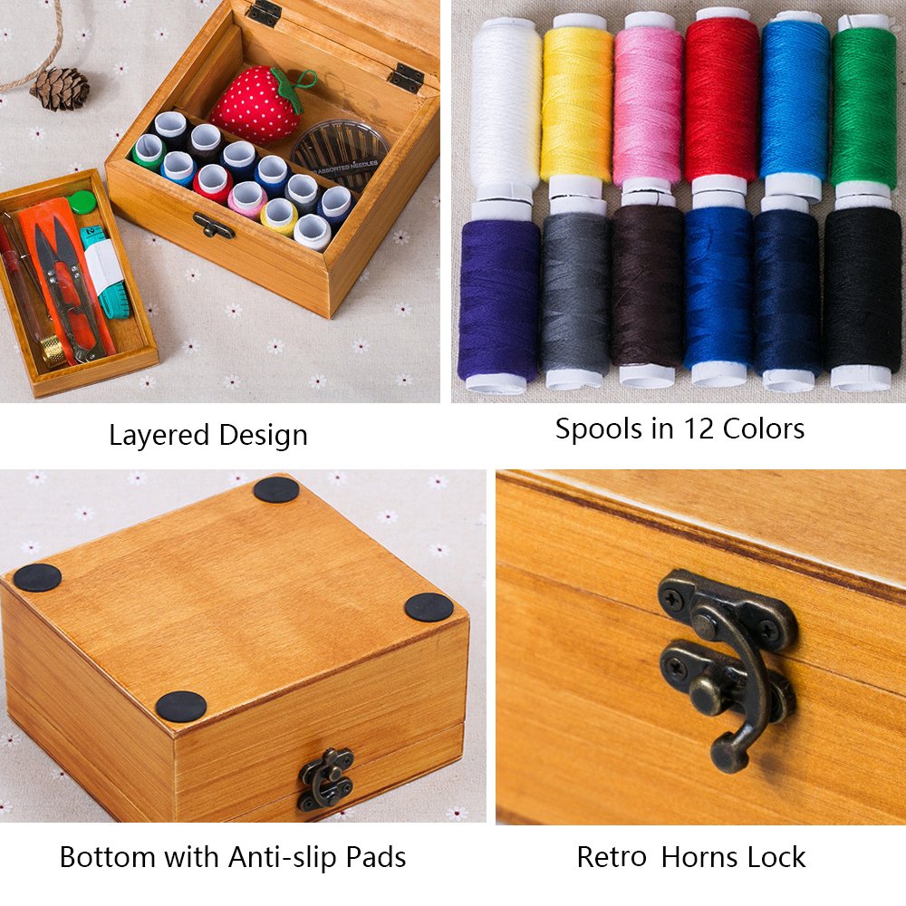 Flytreal, Costurero pequeño universal con herramientas de reparación de costura para casa en cesta de madera, para principiantes, mujeres, hombres, adultos, niñas, niños