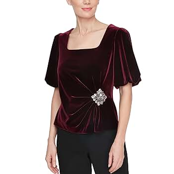 Alex Evenings Women's Square Neck Blouse with Puff Sleeve