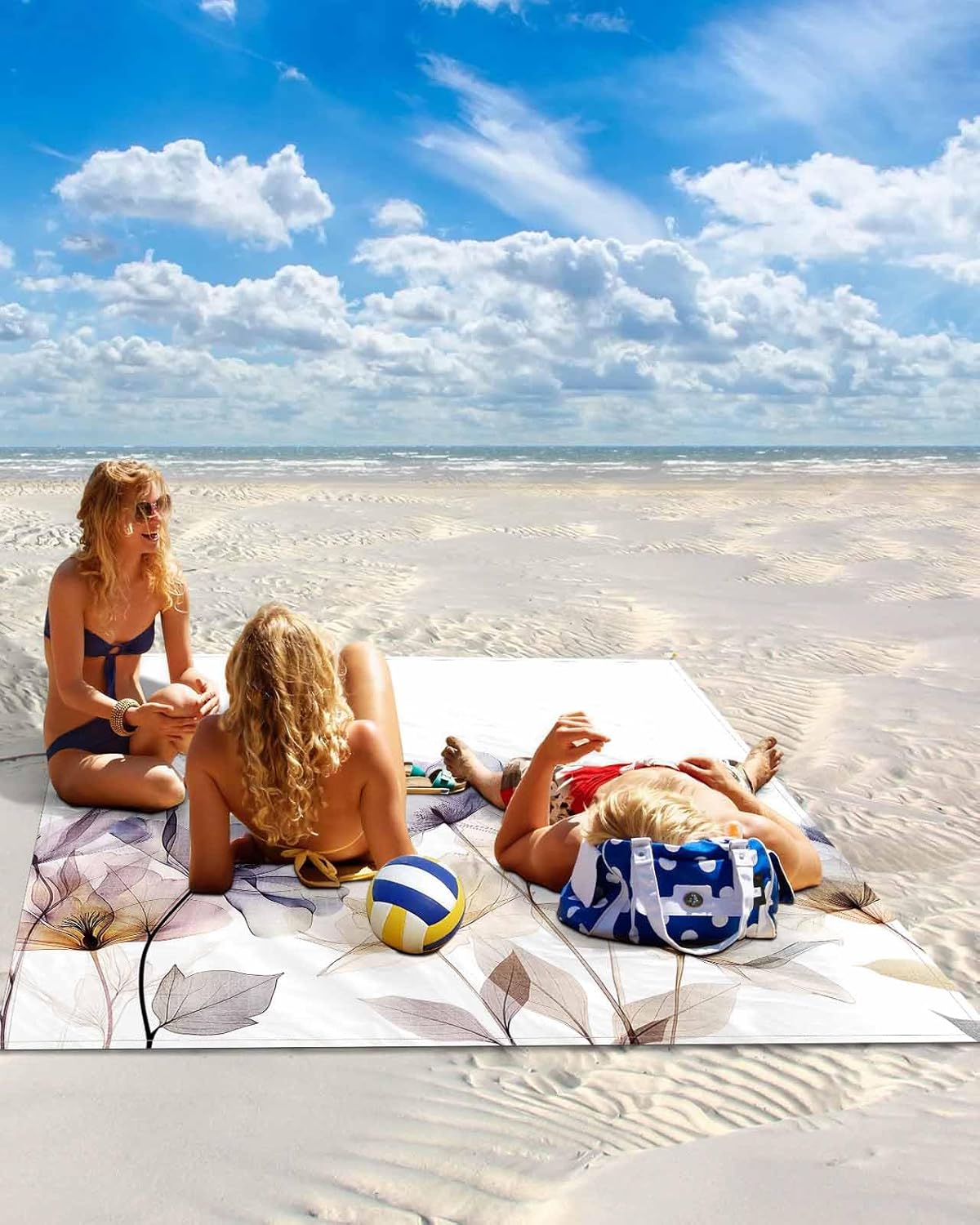 Abstract Blossom Floral on White Beach Blanket Waterproof Sandproof Outdoor Picnic Mat 83"x79" Watercolor Garden Flower Texture Lightweight Large Beach Blankets with 4 Stake & 4 Corner Pockets