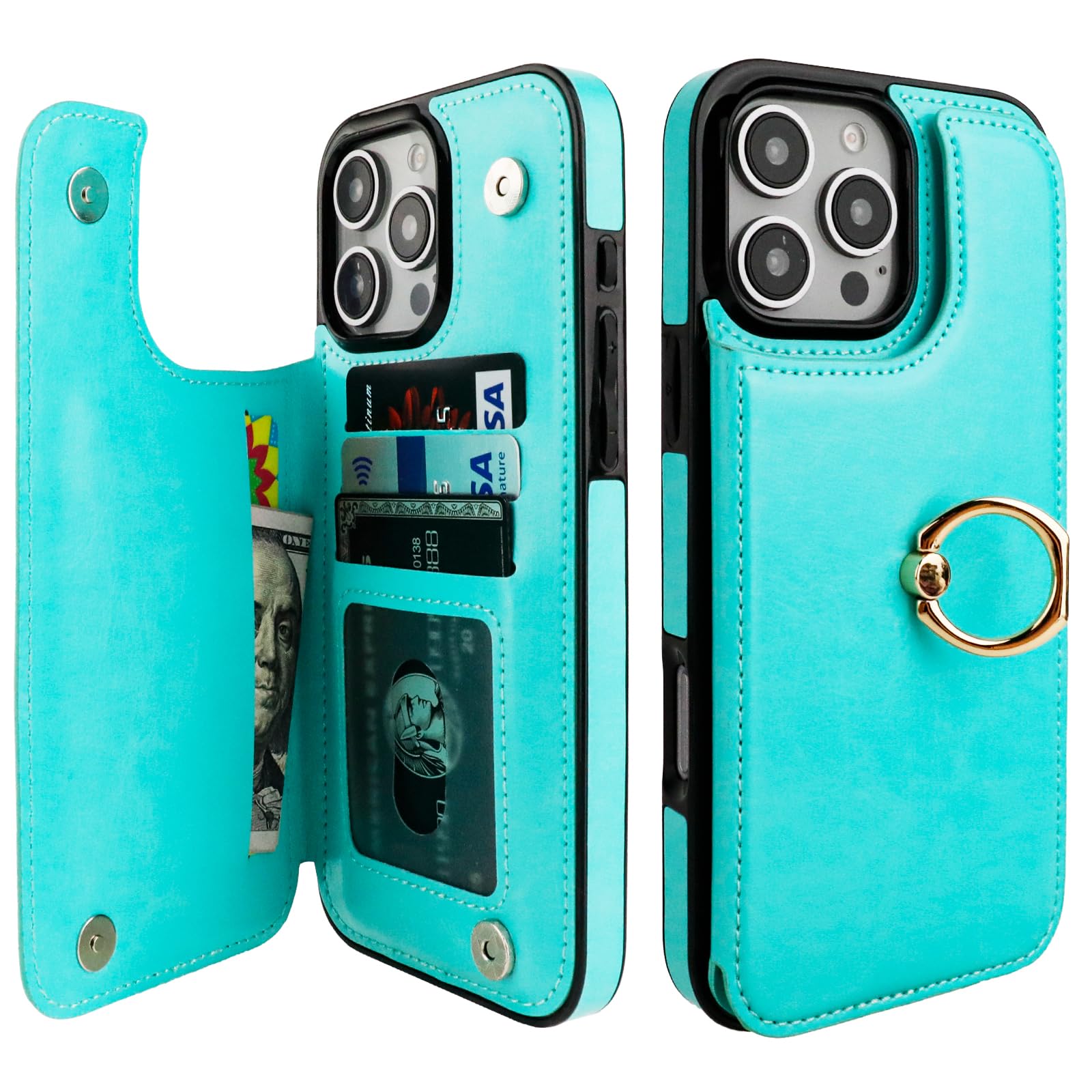 ONETOP for iPhone 16 Pro Max Wallet Case with Card Holder, 360° Rotation Ring Kickstand RFID Blocking PU Leather Double Magnetic Clasp Shockproof