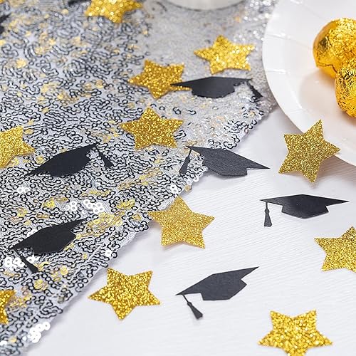Miniatura 2 de MOWO Confeti de Decoración de Mesa con Estrellas Doradas y Gorros de Graduación Negros para Fiesta Temática de Graduación, 1.2 pulgadas de diámetro,
