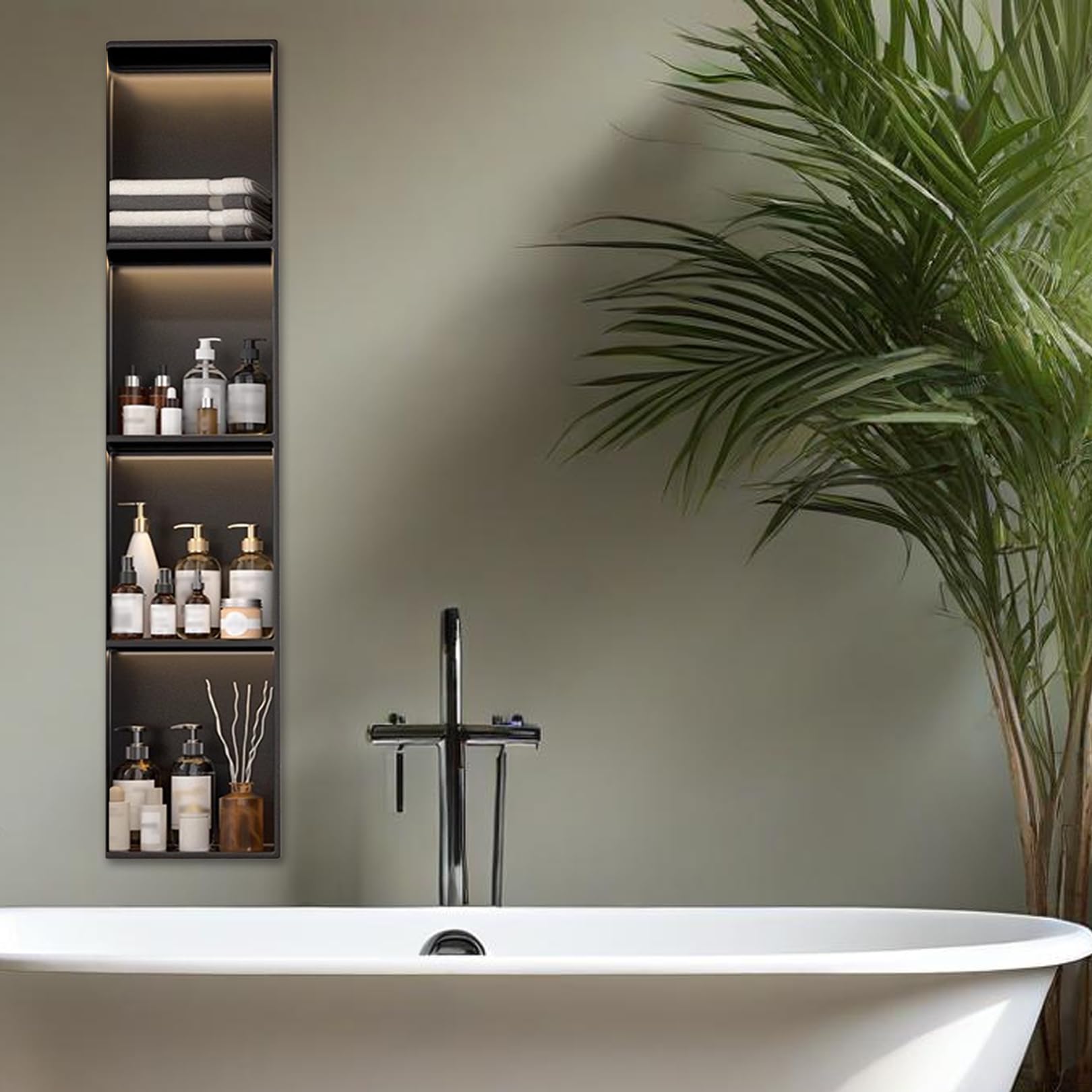 Niche de douche LED noir mat en acier inoxydable avec rangement encastré
