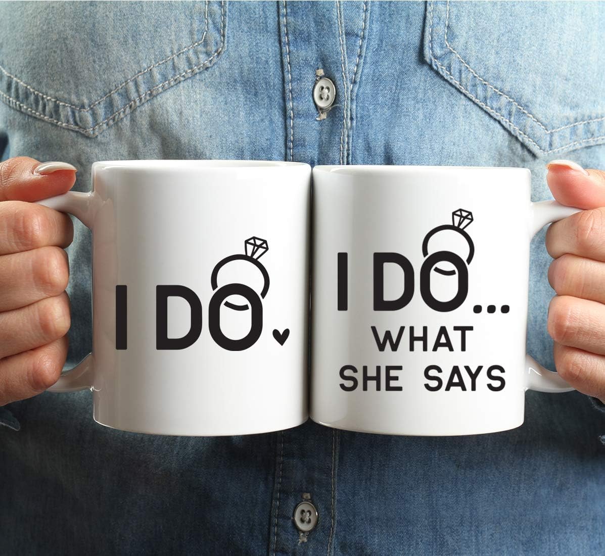 Andaz Press 11oz. Funny Coffee Mug Bride & Groom's Engagement Wedding Anniversary, I Do, I Do...What She Says, Ring Graphic, 2-Pack, Couple's Ideas